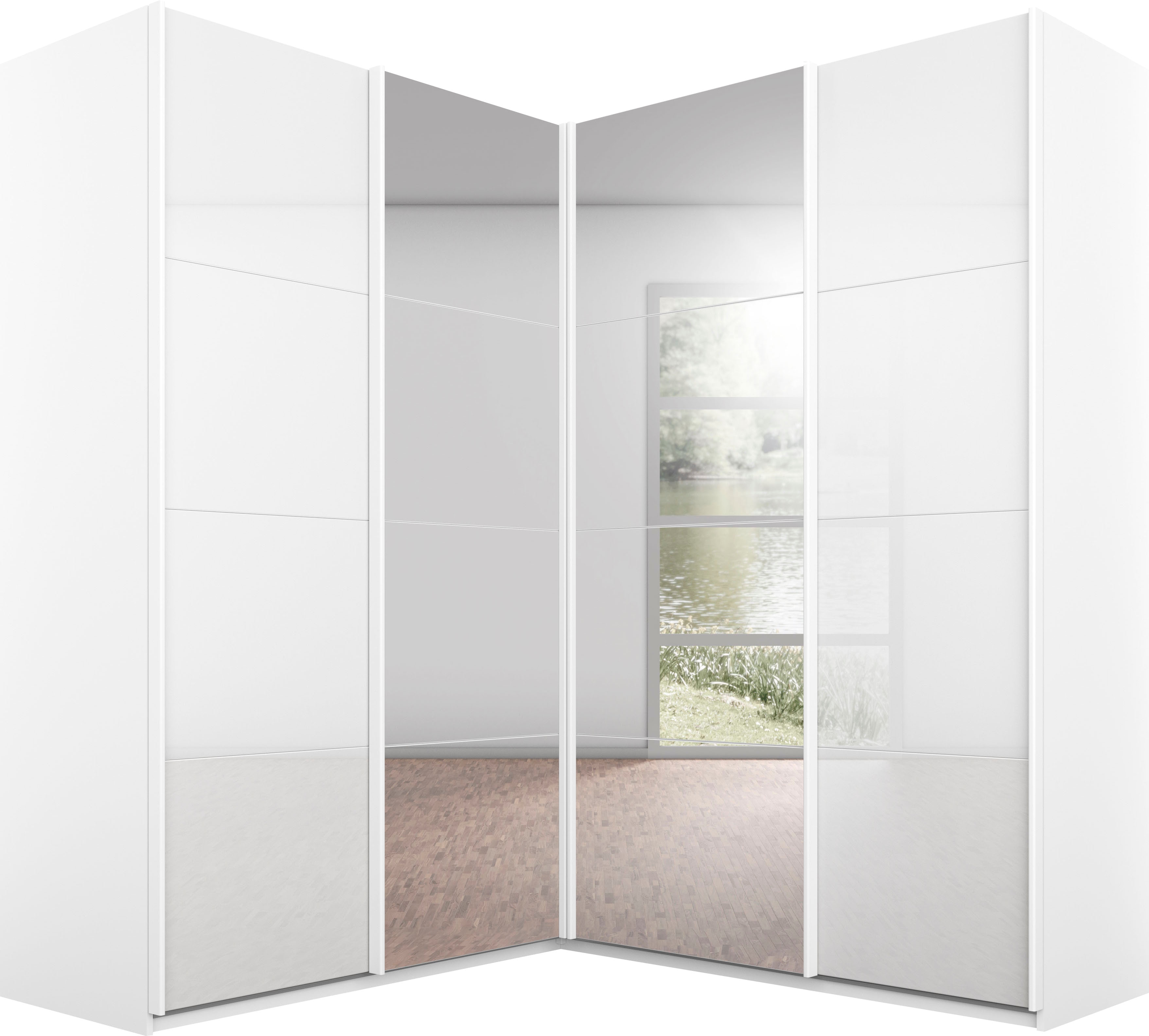 rauch Schwebetürenschrank "Kleiderschrank Garderobe Eckkleiderschrank QUADRA mit edler Glasfront" in den Höhen 210/229 cm, inkl. Soft-Close-Funktion, großer Eckschrank mit viel Stauraum, Maß 181x187 cm MADE IN GERMANY