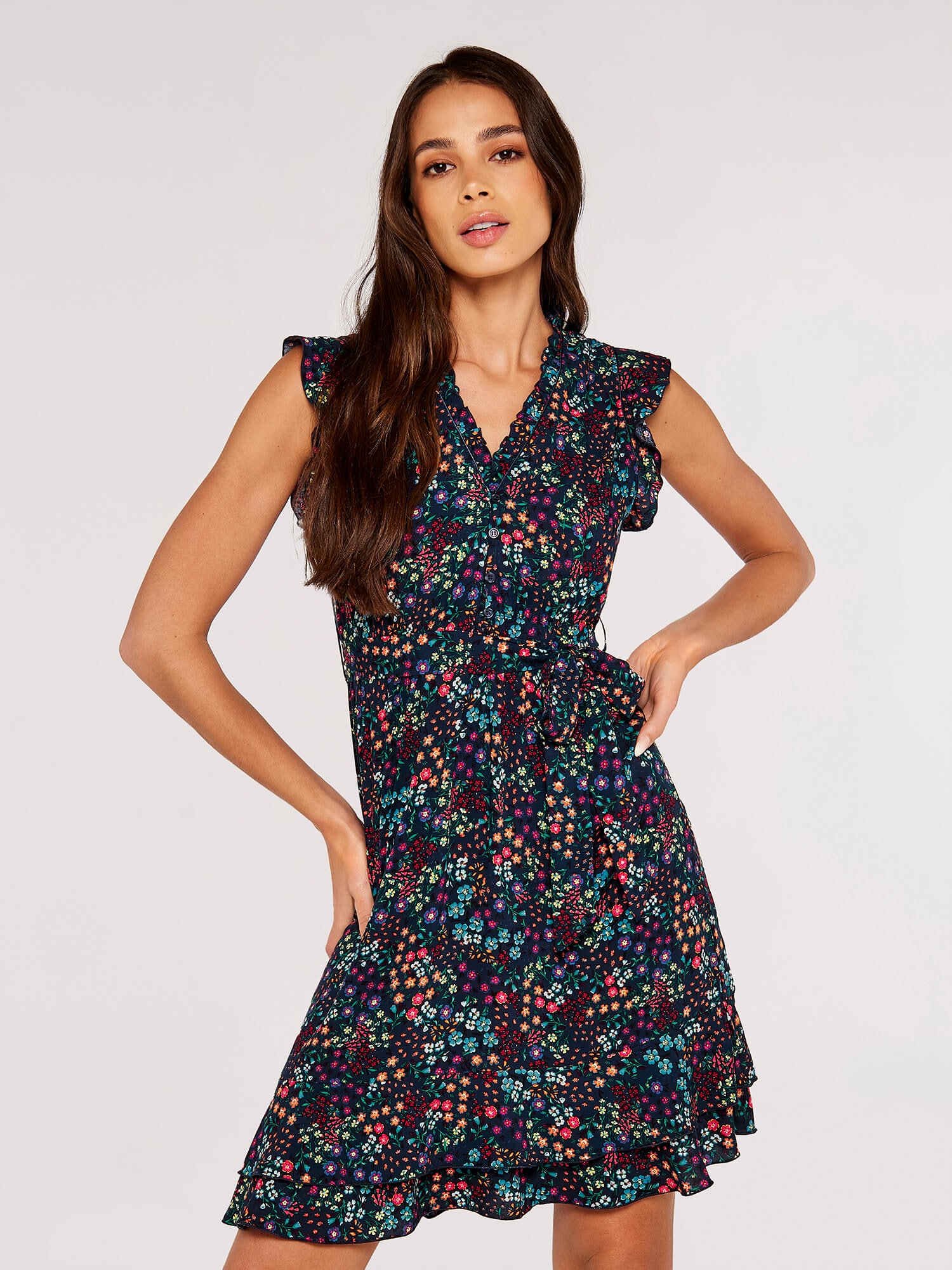 Apricot Druckkleid "Geblümtes Minikleid" 2 tlg. mit Rüschen