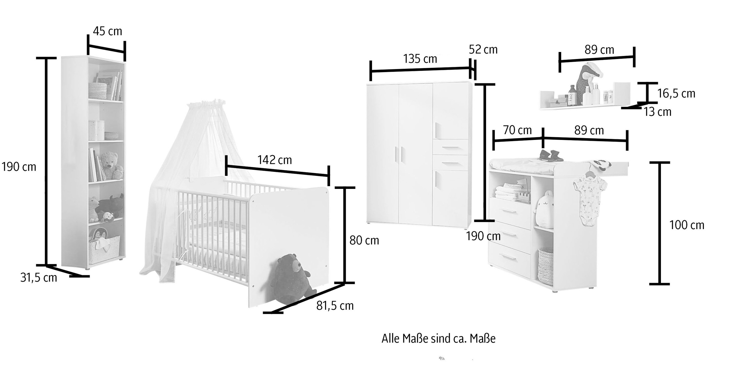 BMG Möbel Babyzimmer-Komplettset »Lea«, (Set, 5 St., Bett, Wickelkommode, Schrank, Standregal, Wandboard), Bett + Wickelkommode + 4-trg. Schrank + Standregal + Wandboard