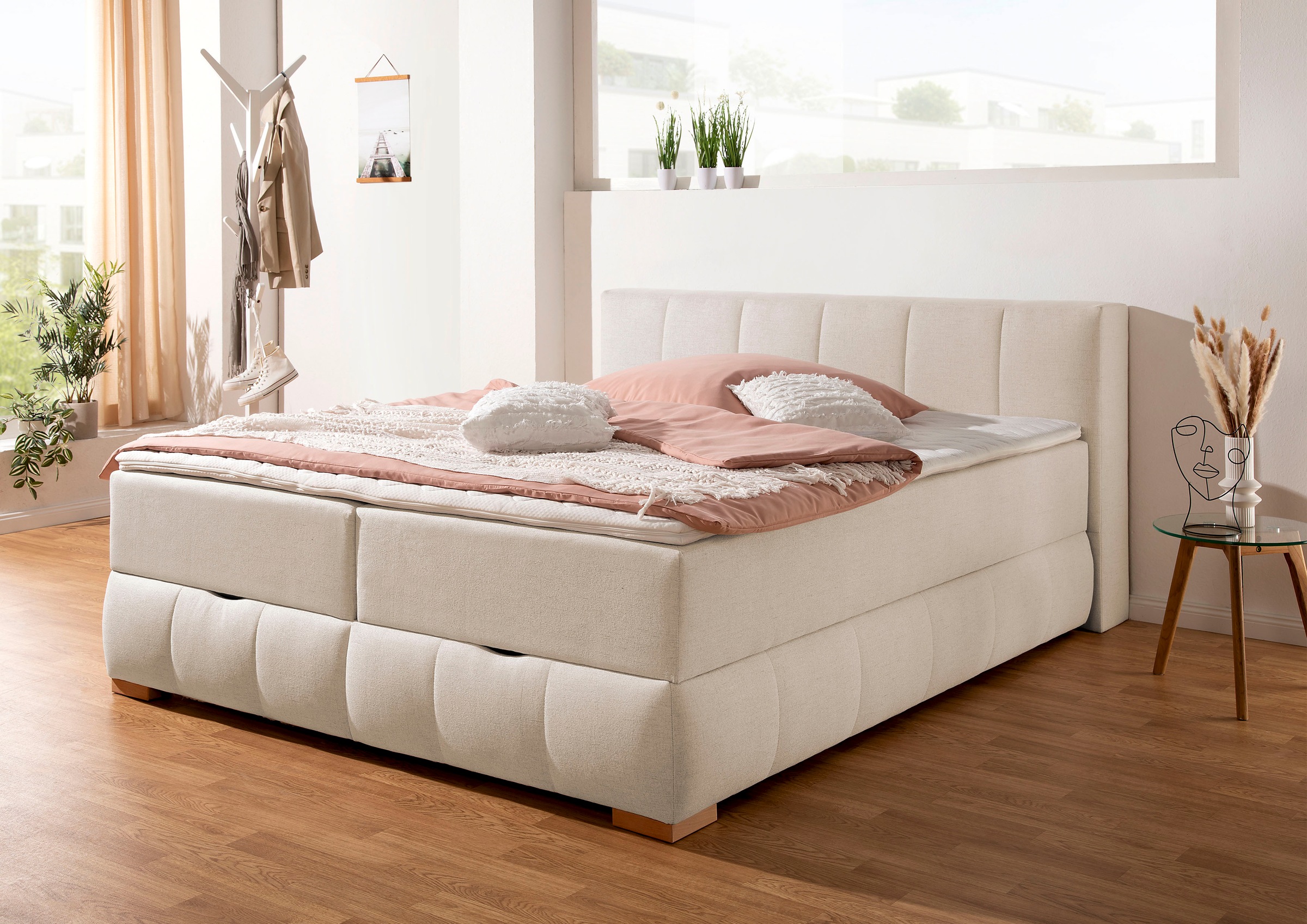 Boxbett HOME AFFAIRE "Chelles", beige (beige, natur), B:167cm L:225cm, Komplettbetten, inkl. Topper und Bettkasten