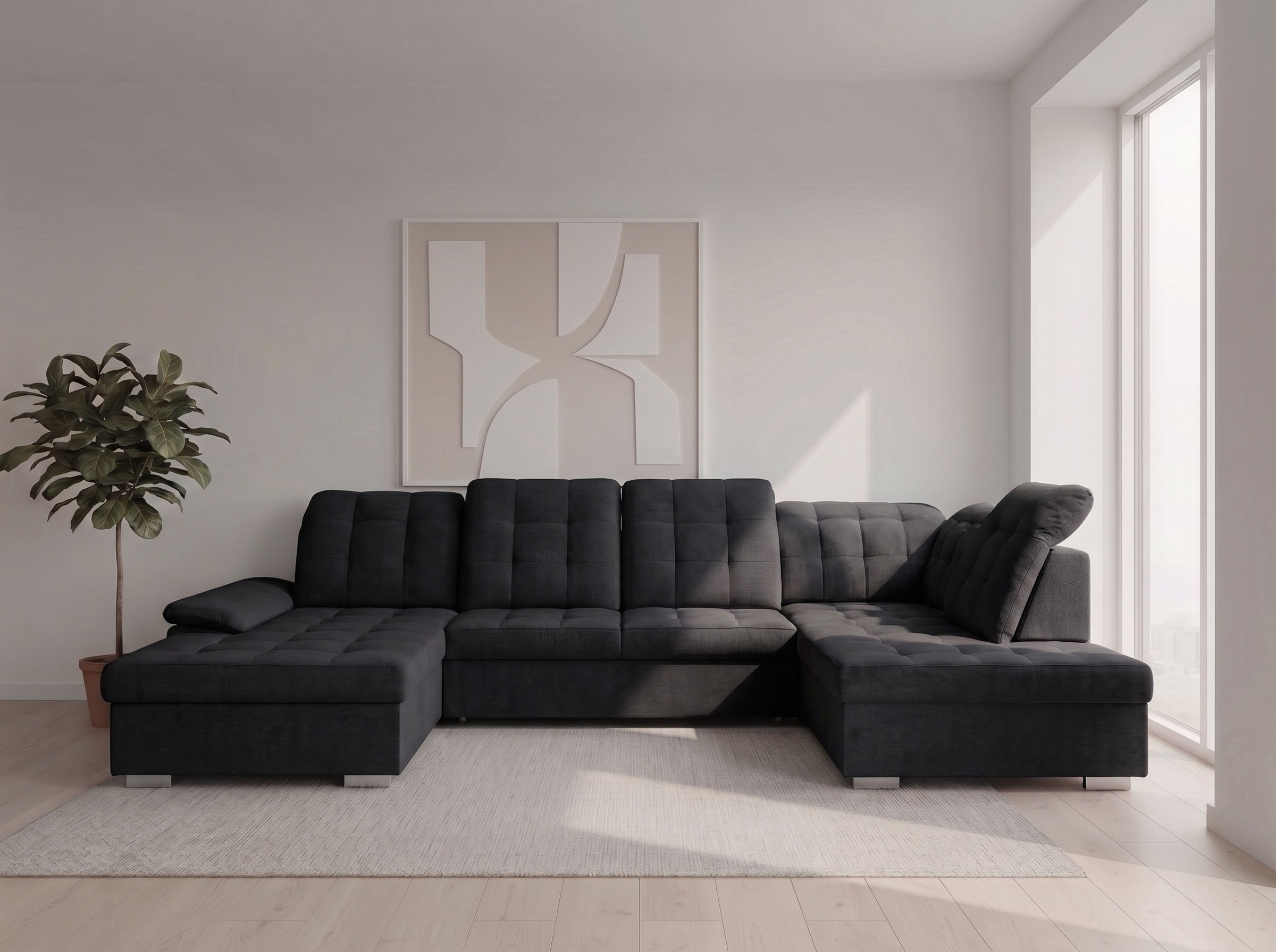WERK2 Wohnlandschaft "Kordula-New 332 x 217 cm Multifunktion Couch modern und bequem" Struktur weich, U-Form, XXL, Sitztiefenverstellung, Schlaffunktion