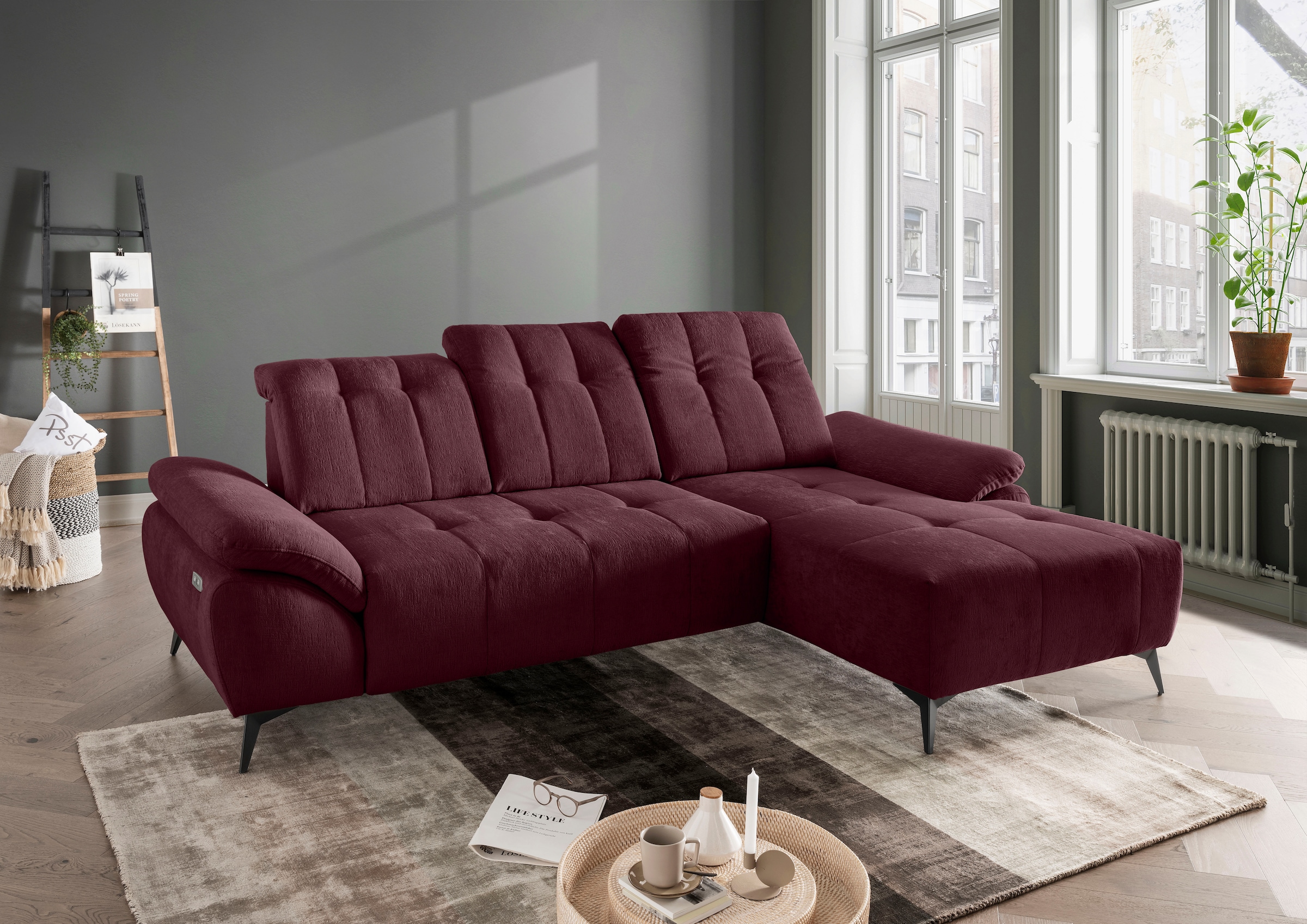 Home affaire "Fiore modern, bequeme Armlehnen, tolle Detailverarbeitung, L-Form" elektrischer Sitzvorschub und Kopfstützen höhenverstellbar