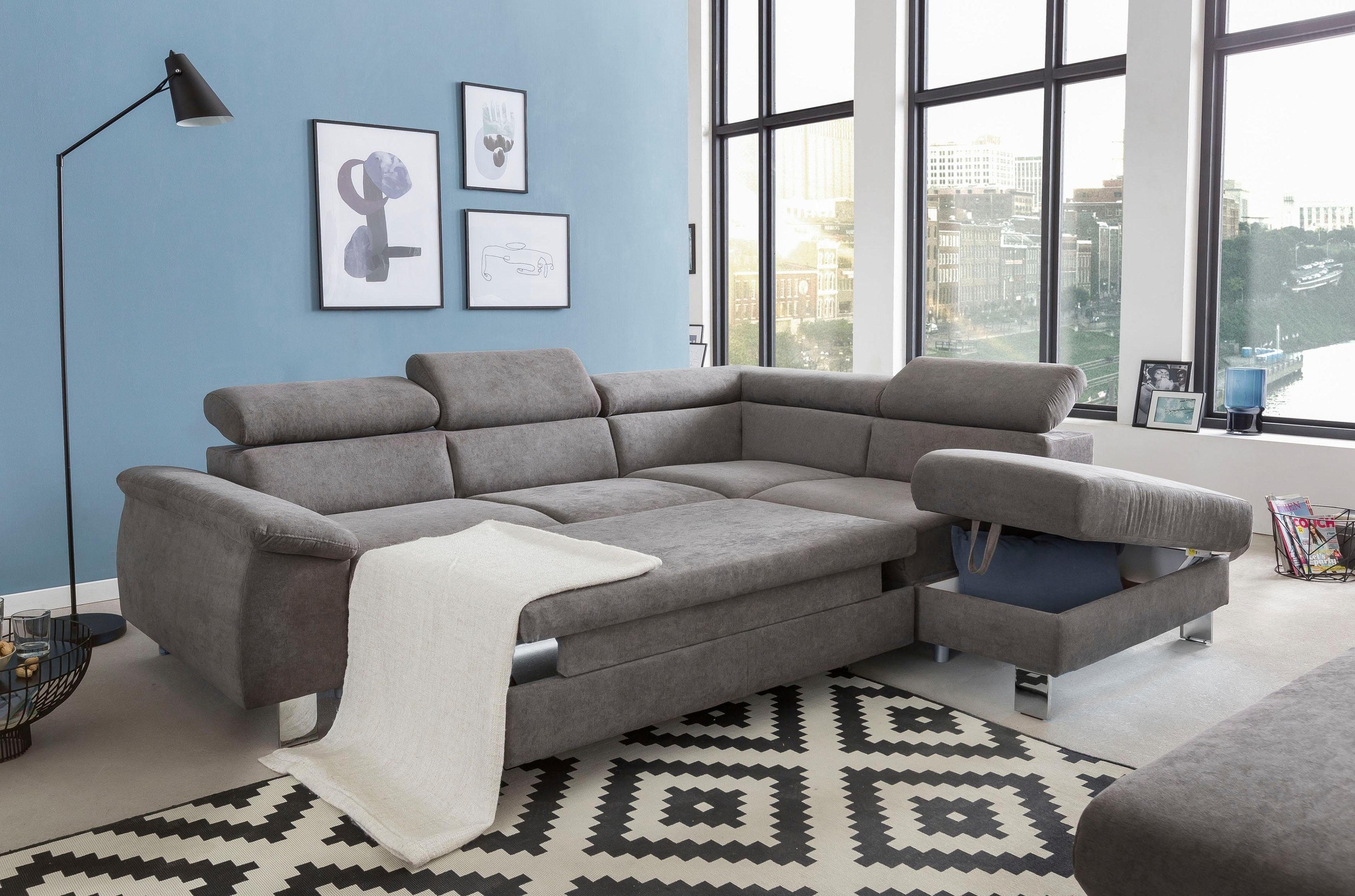 COTTA Ecksofa »Komaris L-Form mit Kopfteilverstellung«, wahlweise mit Bettfunktion, Bettkasten & Beleuchtung