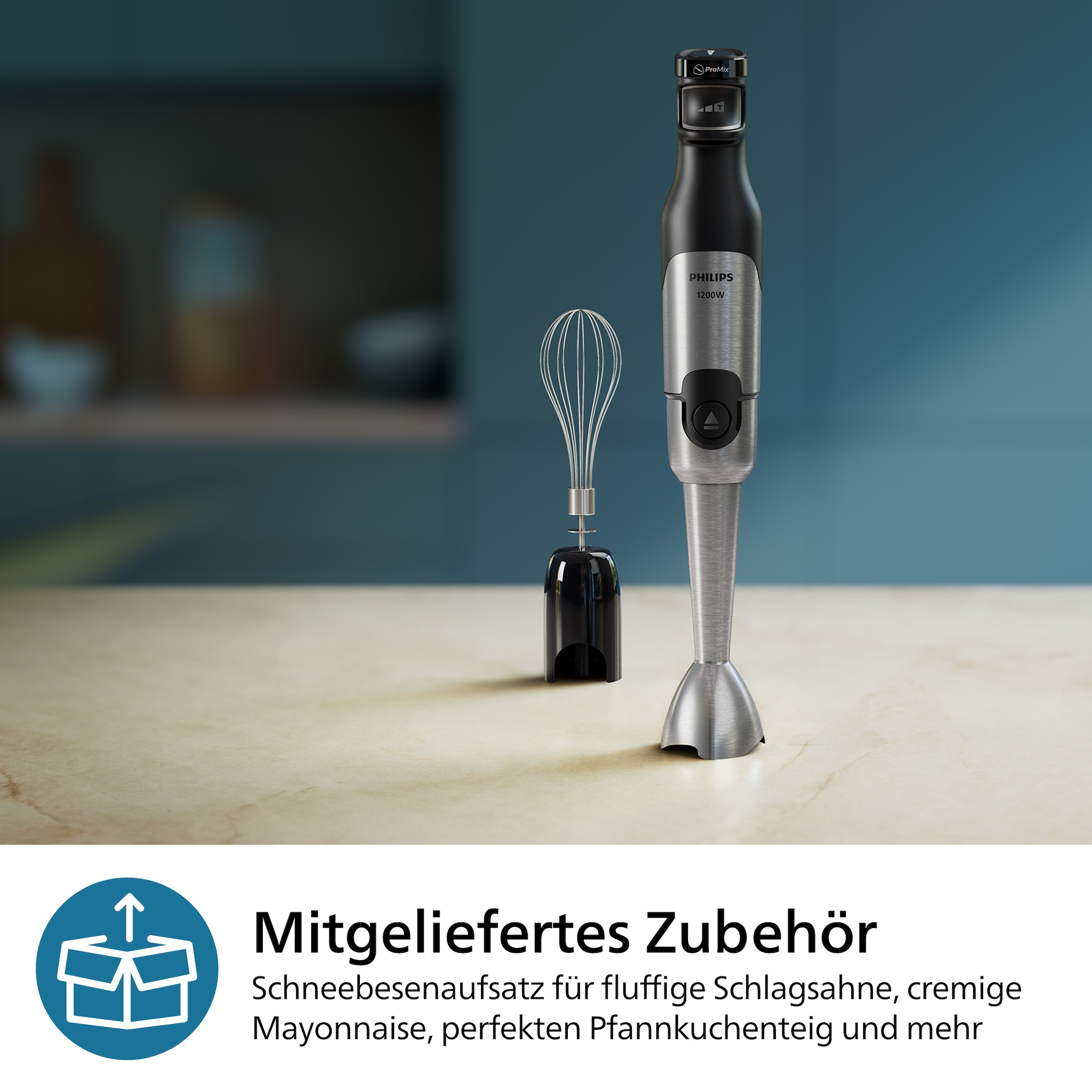 Philips Stabmixer »HR2682/00 5000 Series, mit ProMix-Technologie,«, 1200 W, Becher und Schneebesenaufsatz; Edelstahl/Schwarz