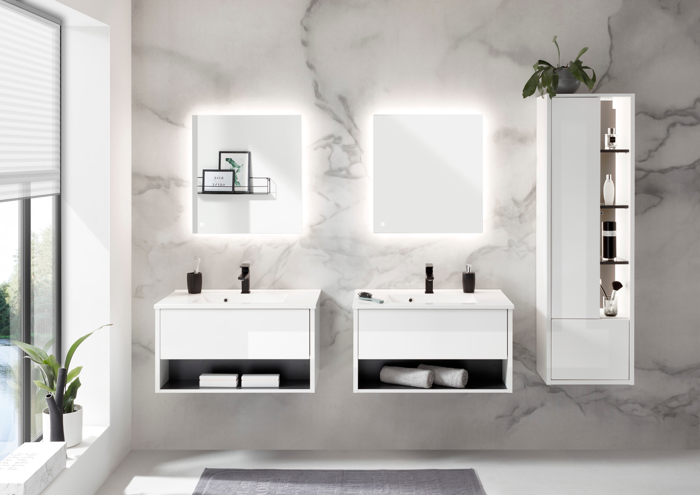 Places of Style Badmöbel-Set »Studio Line, Bad im modernen Design, 5-teiliges Badezimmer«, (5 St.), Schrank, Waschtisch und Spiegel, in zwei Farben verfügbar, Stauraum