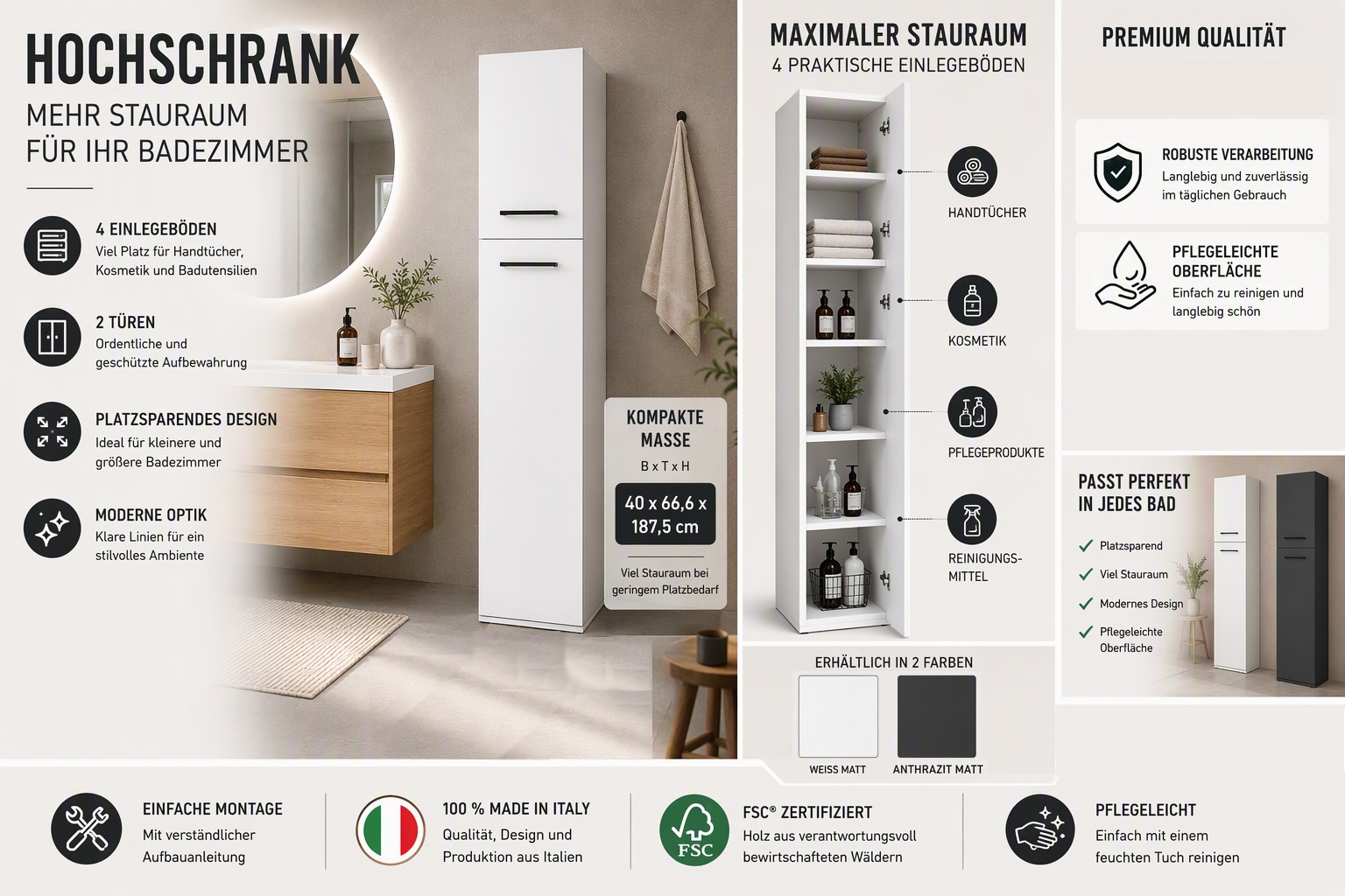 KOCHSTATION Mehrzweckschrank »KS-Linda« Breite 40 cm, Höhe 187,5 cm, mit 25mm starken Wänden