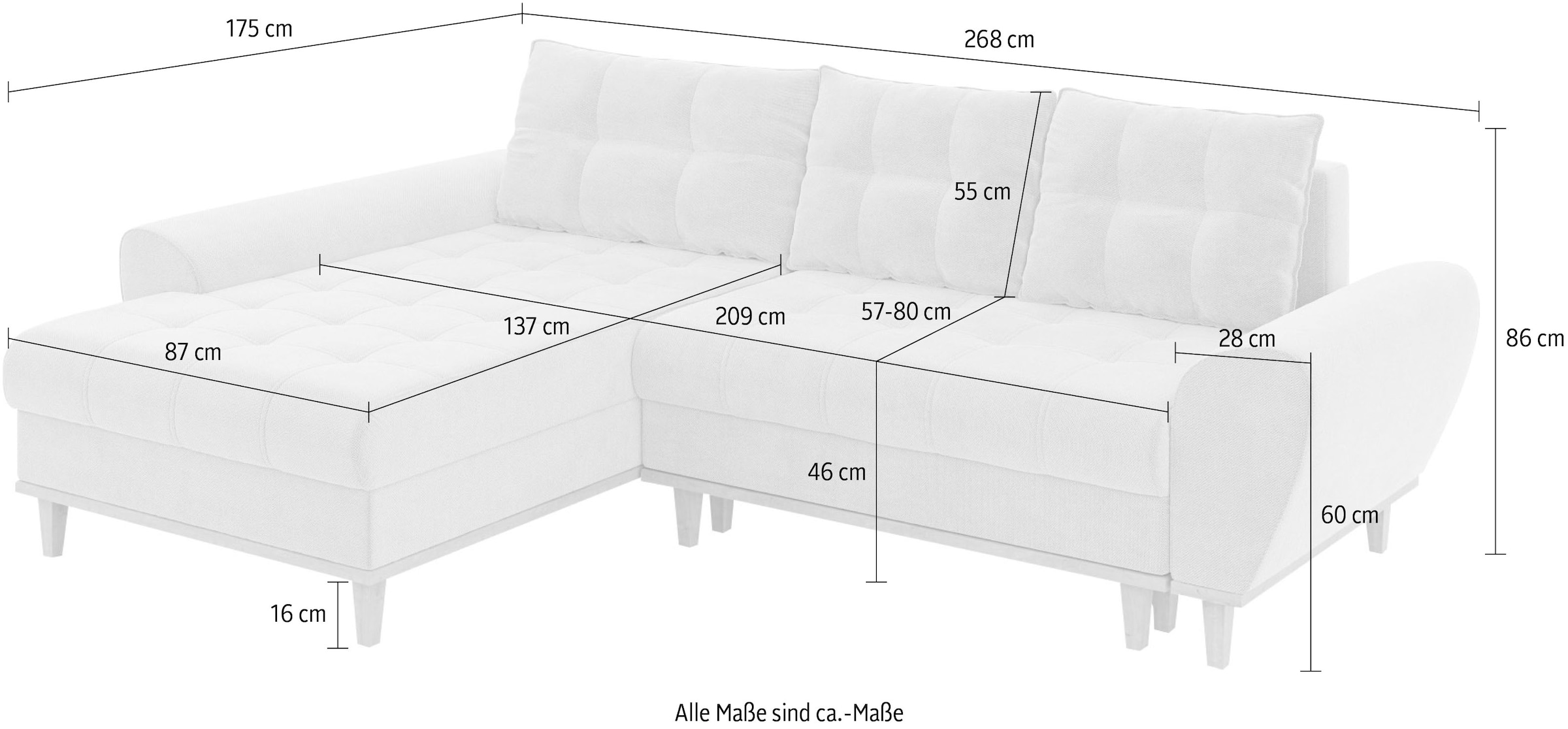 Home affaire Ecksofa »Ahrdorf mit Bettfunktion und Bettkasten, Maße: B/H/T 268/86/175 cm«, L-Form mit 3 Rückenkissen und moderne gerundete Armlehnen