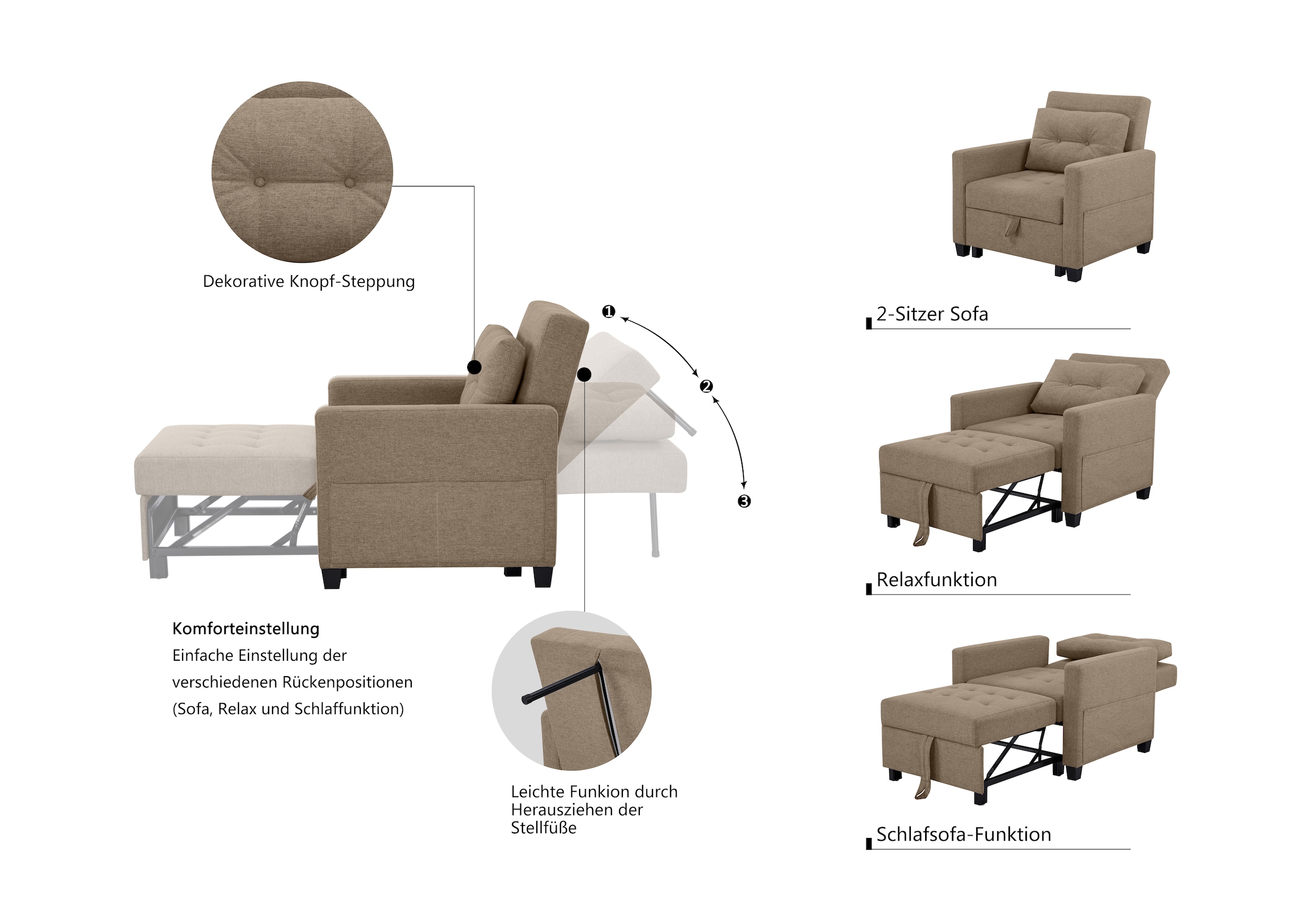 OTTO home Sessel »TYLLI, 91 cm, wandelbar zum Gästebett, Schlafliege, klappbar« verstellbarer Rückenlehne, Klappmechanismus, Webstoff
