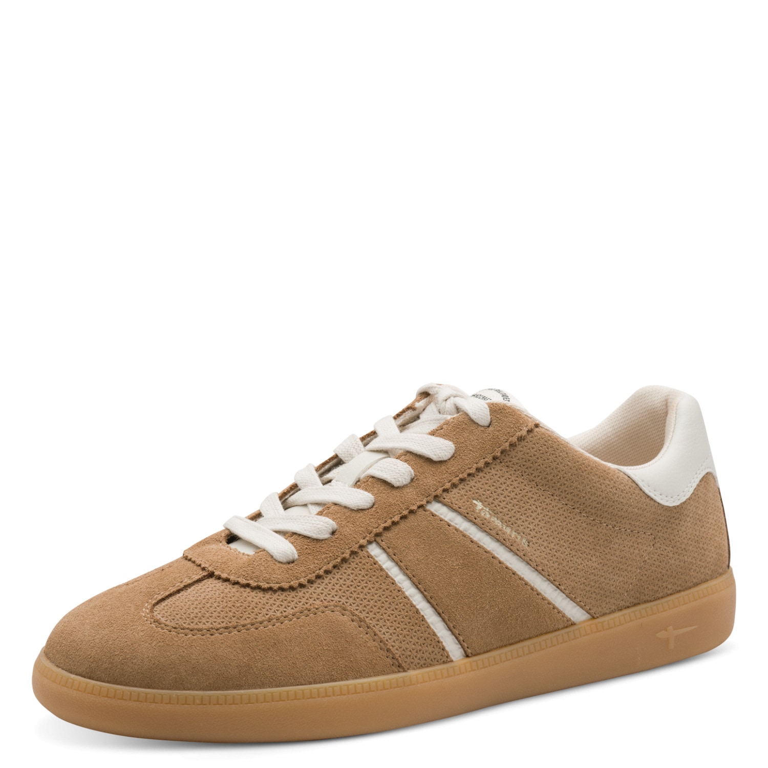 Plateausneaker TAMARIS, Damen, Gr. 42, taupe, weiß, Lederimitat, Veloursleder, unifarben mit Farbeinsatz, Schuhe Plateausneaker, Freizeitschuh, Halbschuh, Schnürschuh mit gepolstertem Schaftrand, Topseller
