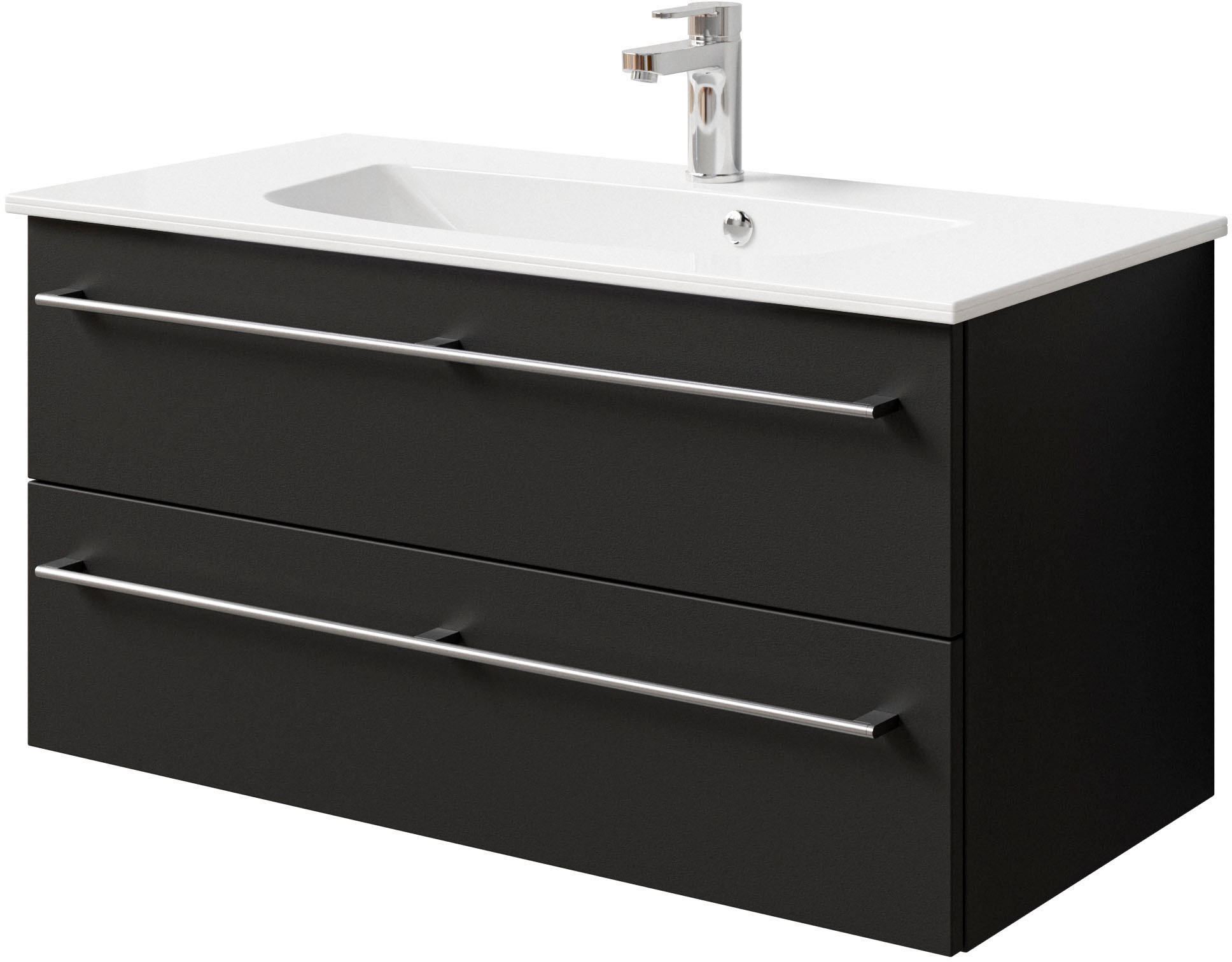 Saphir Badmöbel-Set »Serie 6025 2-teilig Mineralmarmor-Waschtisch mit LED-Spiegelschrank«, (2 St.), Waschplatz 97 cm breit, 2 Schubladen, 3 Spiegel-Türen, inkl Türdämpfer