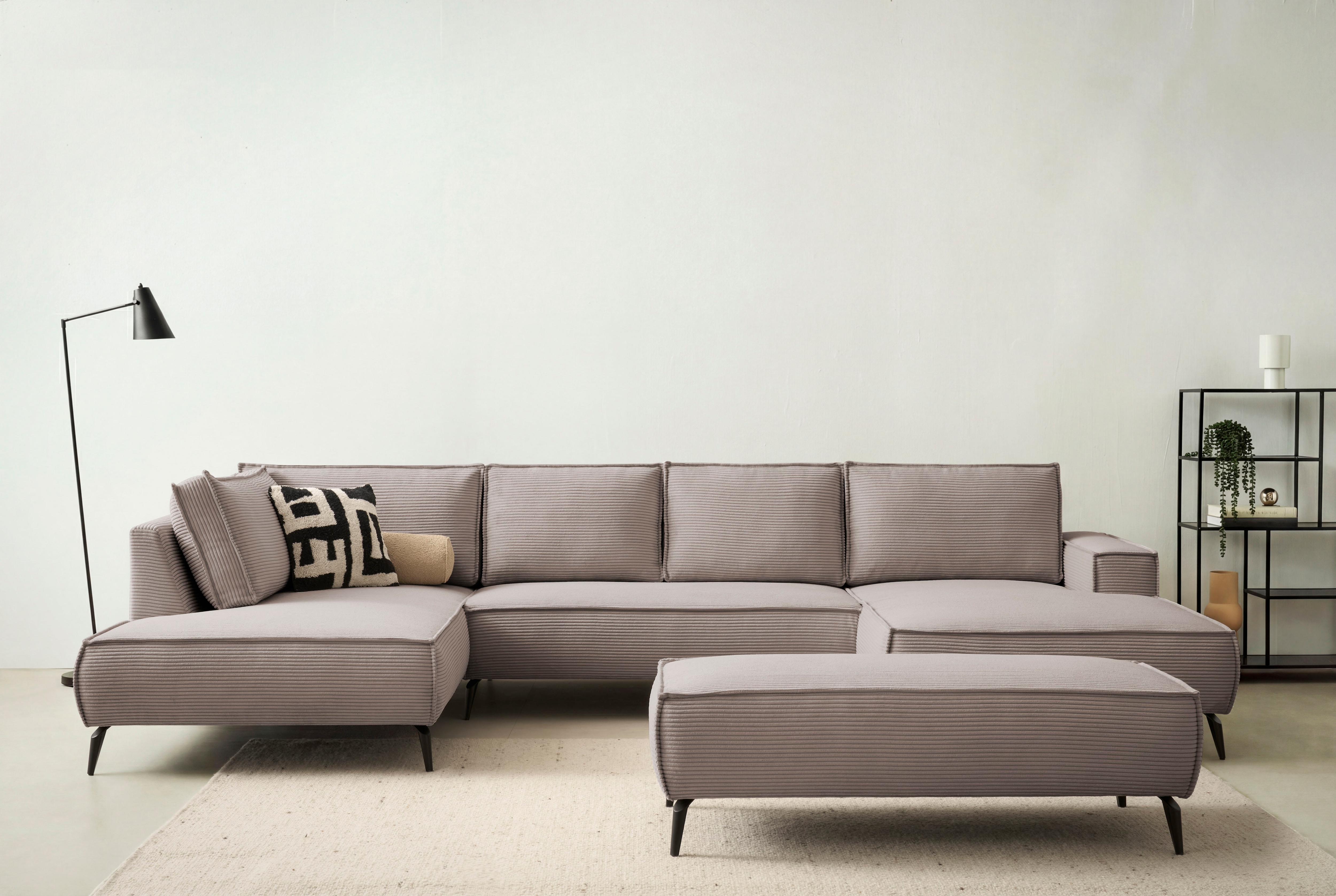 OTTO home Wohnlandschaft "TVINNU Cord, 354 cm, mit Hocker" Recamiere rechts/links, stellbar zum Schlafsofa (Krokodilverbinder)