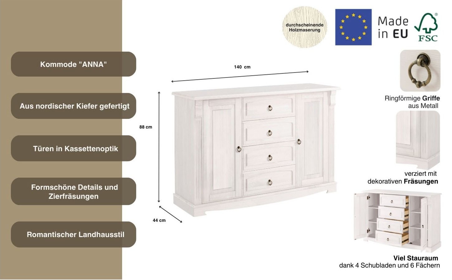 Home affaire Sideboard »Anna«, (Gesamtmaße (B/T/H): ca. 140/44/88 cm), Kommode, Breite 140 cm, 4 Schubladen, 2 Türen, Massivholz, FSC®