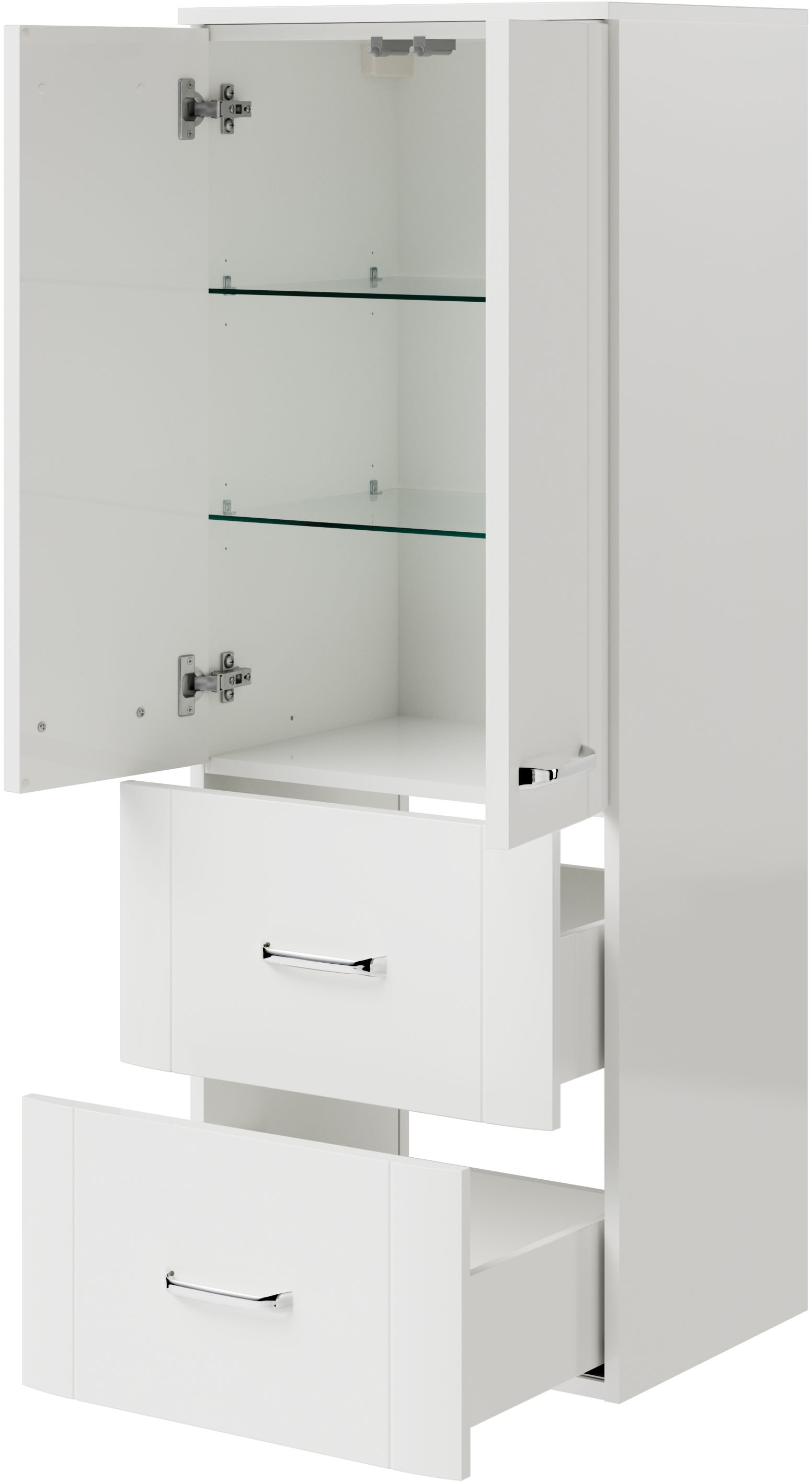 Saphir Midischrank »Midischrank Serie 3006 Badschrank 50cm,2 Türen,2 Schubladen,Türdämpfer«, 2 Glas-Einlegeböden, Badezimmer-Midischrank 130 cm hoch, 38 cm tief