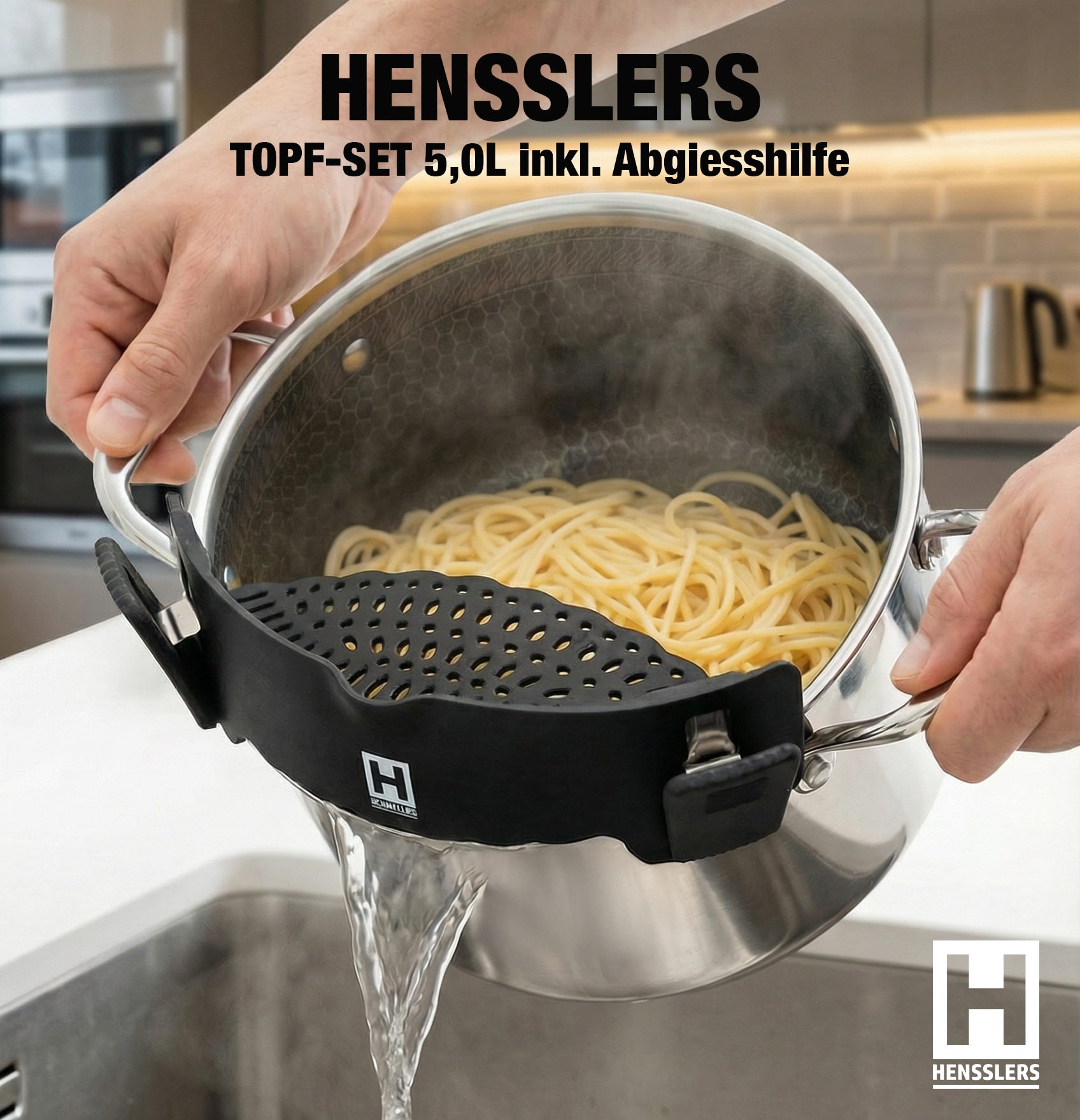 HENSSLERS Kochtopf "HENSSLERS Topf-Set - inkl. HENSSLERS Abgießhilfe" Set, 3 tlg. Edelstahl