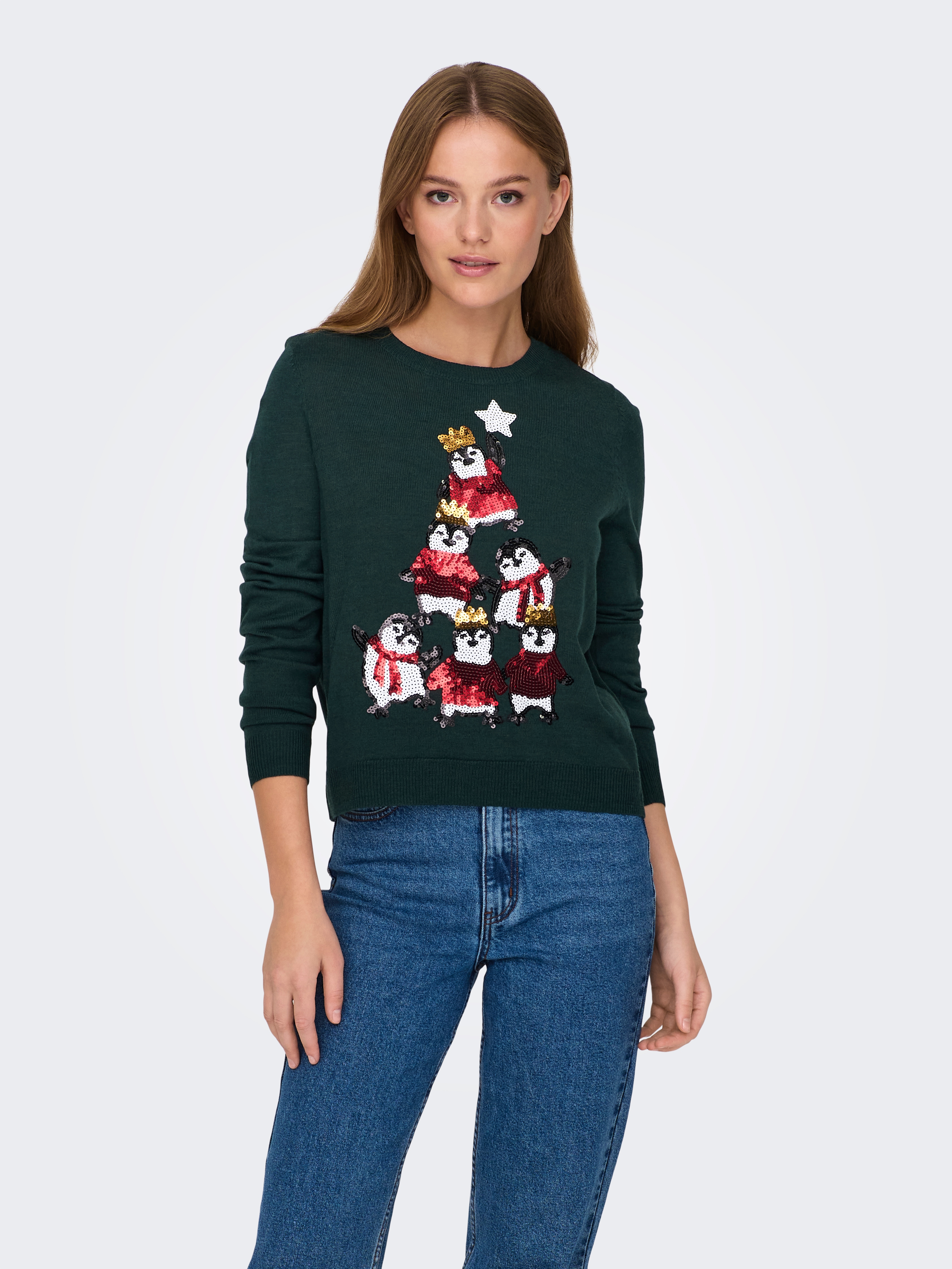 ONLY Weihnachtspullover "ONLXMAS PENGUIN TREE LS O-NECK RP KNT" Weihnachten, Pailletten