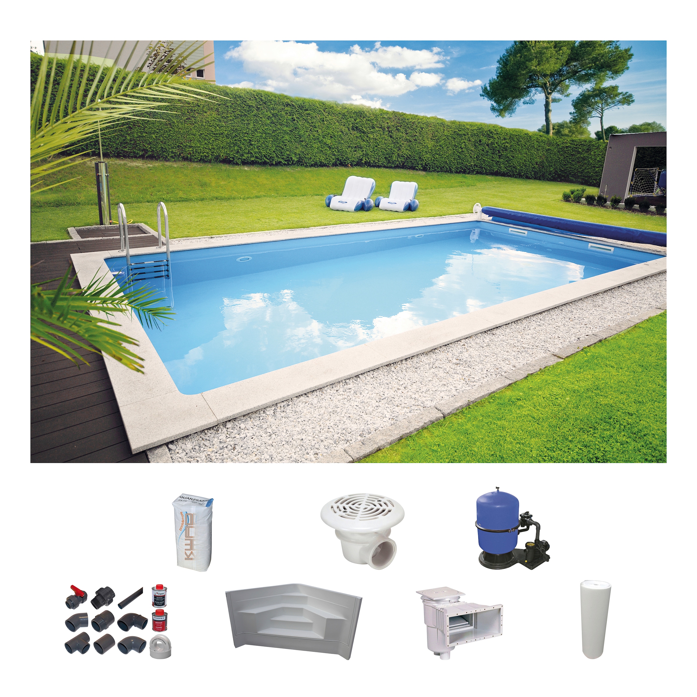 KWAD Rechteckpool "mit Ecktreppe", (Set), 8x4, 7x3,5 oder 6x3m Höhe: 1,50m, mit Foliensack 0,8mm