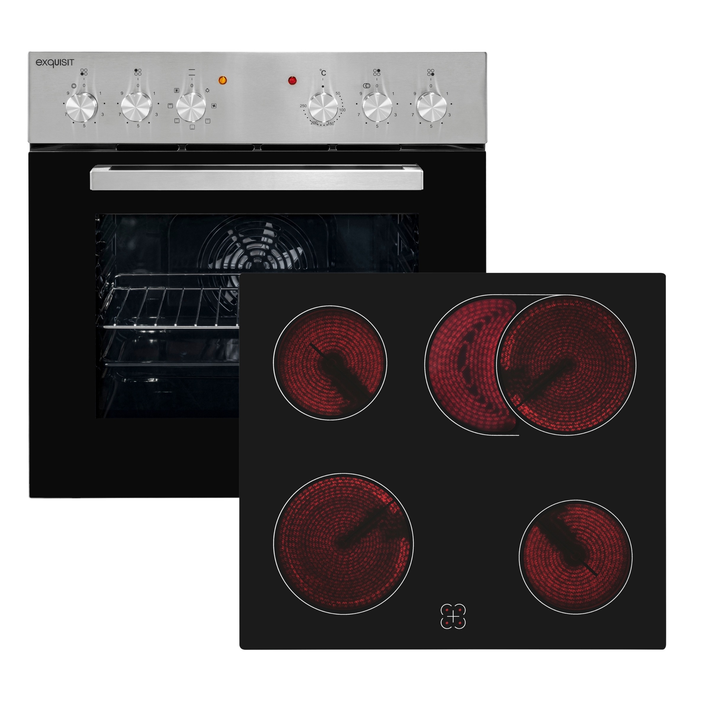 EXQUISIT Elektro-Herd-Set "EHE 156-2.1 UBZ", schwarz, Herdsets, Kochfeld mit Rahmen-stoßfest, Bräterzone ideal für Schmorgerichte