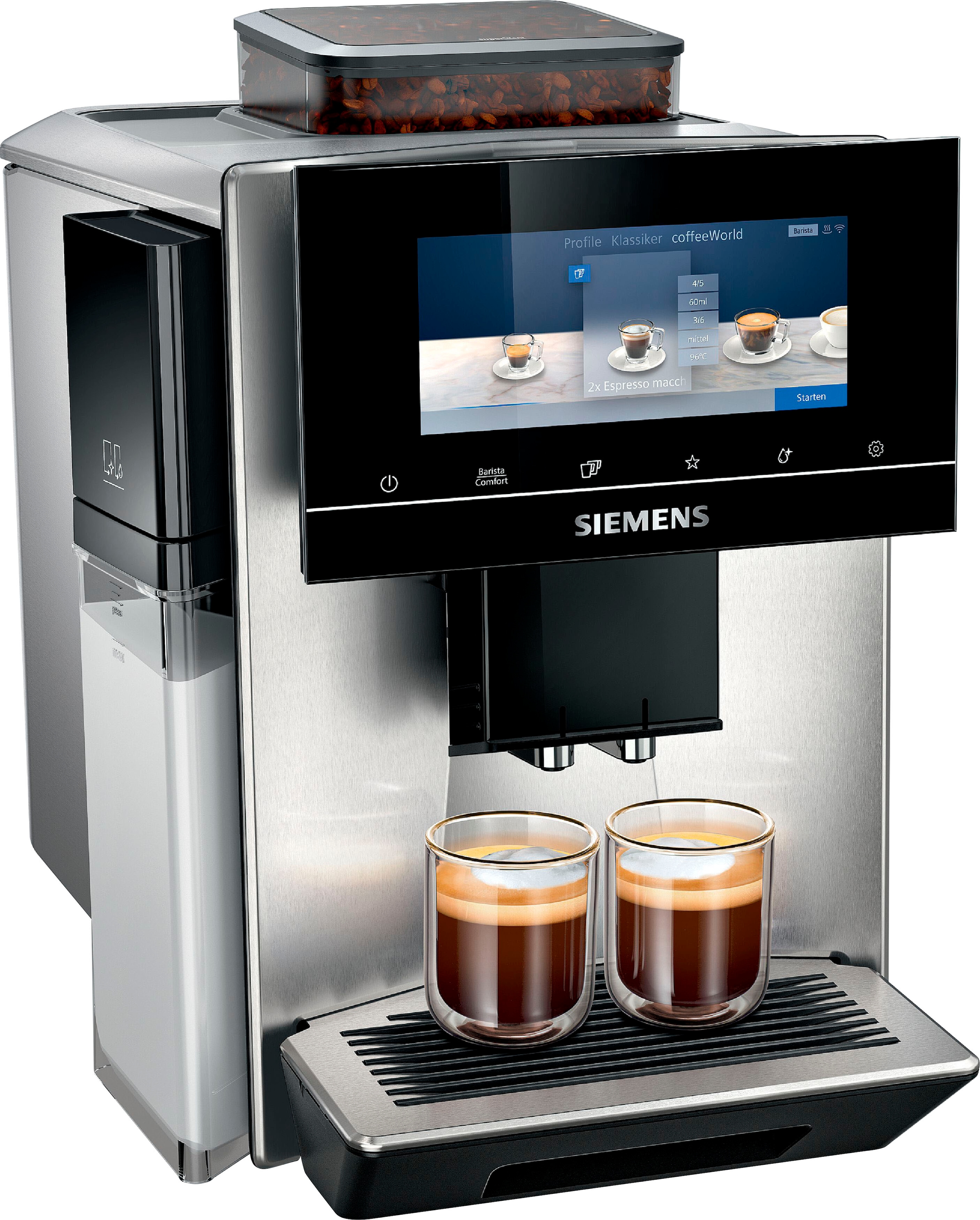 SIEMENS Kaffeevollautomat »EQ900 TQ903DZ3, auto. Reinigen und Entkalken, 6,8" TFT-Display«, Barista-Mode, App-Steuerung, Geräuschreduzierung, 3 Profile, edelstahl