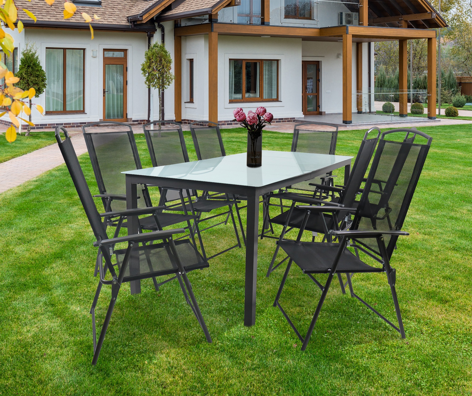 VCM Garten-Essgruppe »VCM 9-tlg Gartenmöbel Set | Sitzgruppe Essgruppe | 1x Tisch, 8x Stühle | Tisch Maße ca. H. 76 x B. 190 x T. 80 cm | Hochlehner Set 190M«, (9 tlg., 190M)