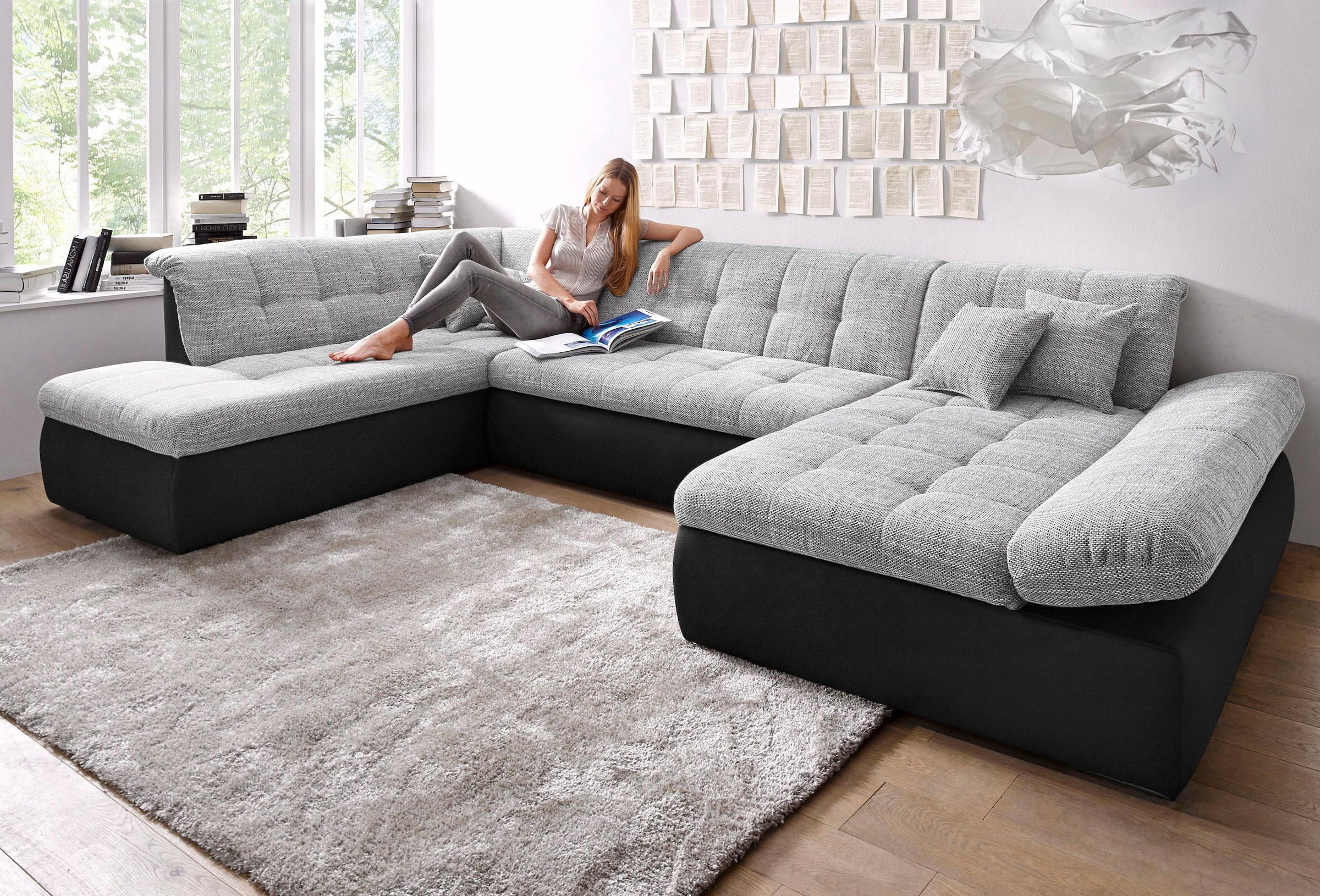 DOMO collection Wohnlandschaft "MORIC 353x216x80 cm, mit viel Platz, U-Form, auch in Cord" im XXL-Format, wahlweise mit Bettfunktion und Armlehnenverstellung