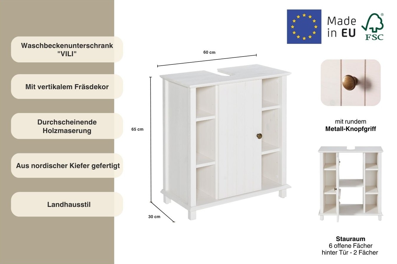 Home affaire Waschbeckenunterschrank »Vili«, Badezimmerschrank im Landhaus-Look, mit 6 Fächern, aus Massivholz