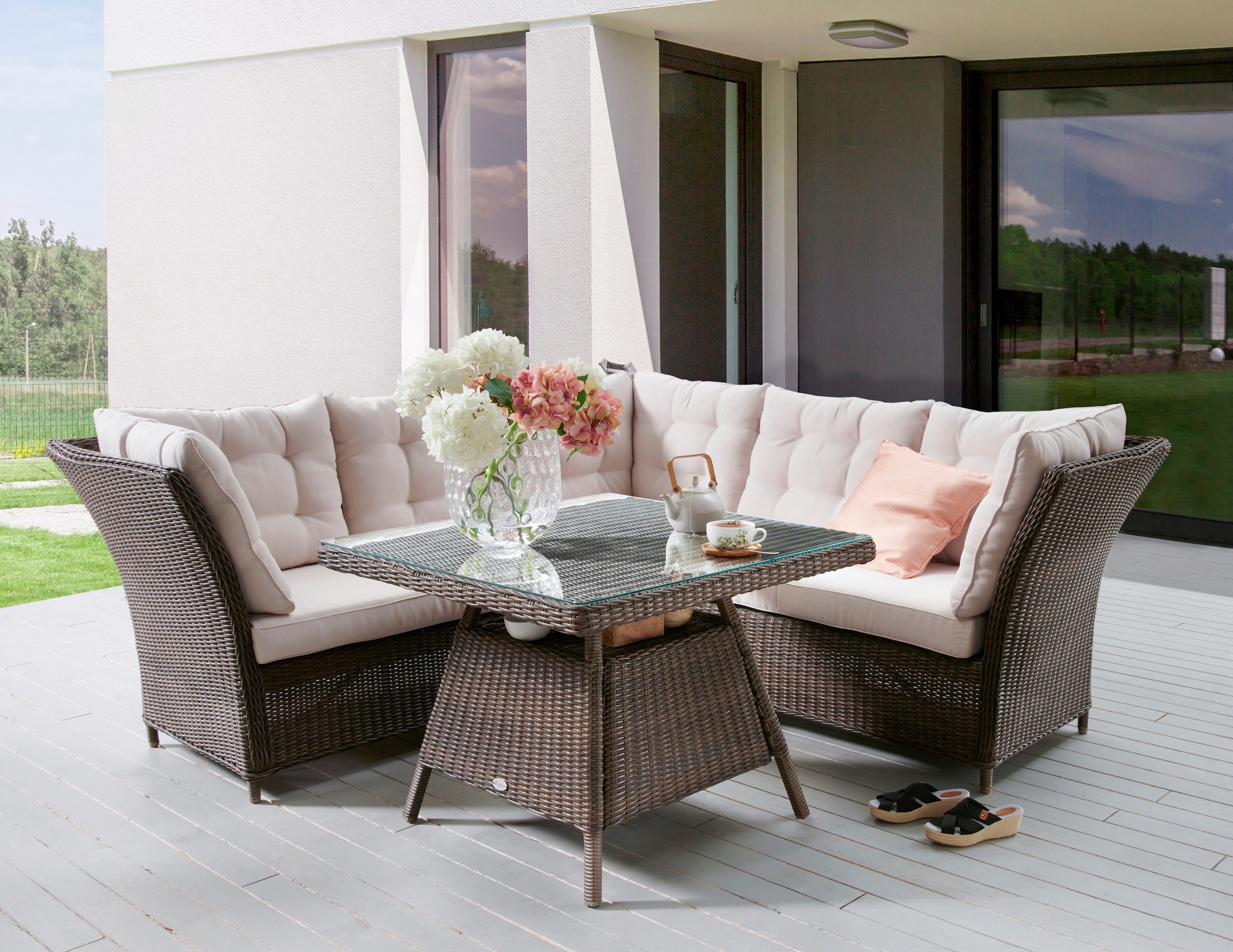 Destiny Gartenmöbelset PALMA Dininglounge, (3 tlg.), 1 Sitzecke, 1 Bank und 1 Tisch