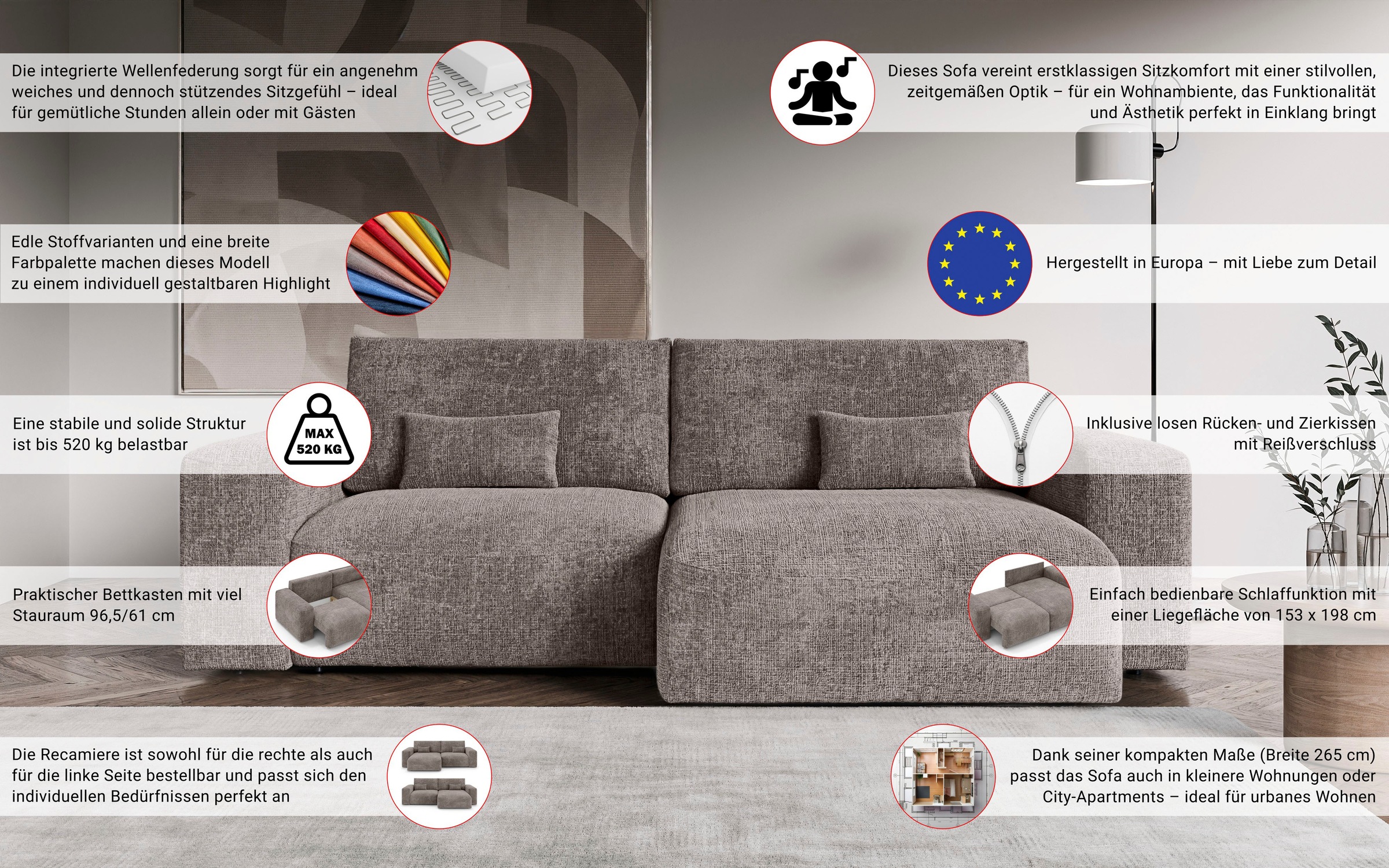 OTTO home Ecksofa »MATTS Schlafsofa mit Bettkasten, Maße B/T/H: 265/159/89 cm«, L-Form mit Recamiere rechts oder links, hoher Sitzkomfort