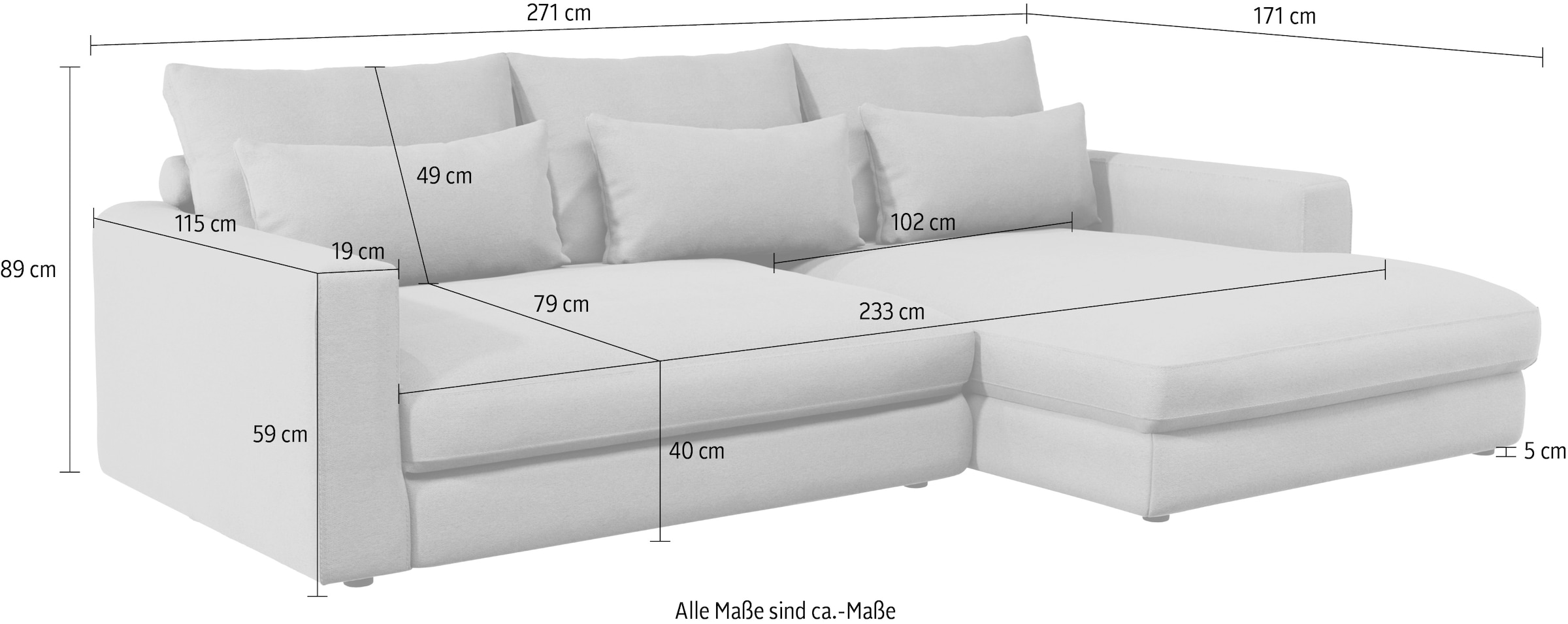 Home affaire Ecksofa »Darwin, viele Kissen, extra tiefe Sitzfläche, 271/89/171 (B(H/T)«, gemütlich und weich, L-Form, mit extra softem Sitzkomfort, Cord