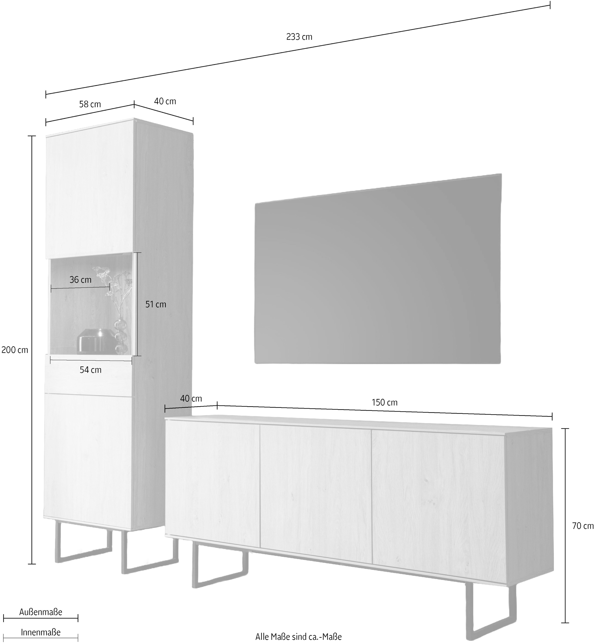 Home affaire Wohnwand »Lund, moderne Anbauwand, Wohnzimmer-Set in Stone Oak«, (2 St.), enthält Vitrine und Lowboard