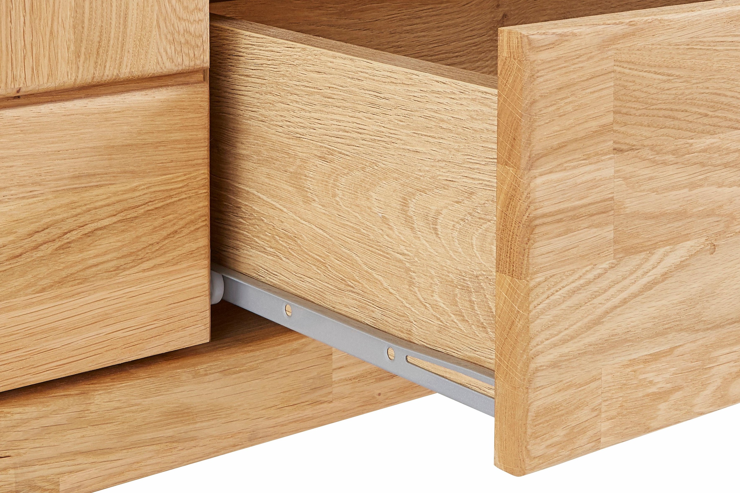 Home affaire Lowboard »Ribe,140cm breit, Fronten Massivholz,6 Fächer,Kabeldurchführung«, Korpus Holzwerkstoff,Glaseinsatz aus gehärtetem Glas,Böden versetzbar