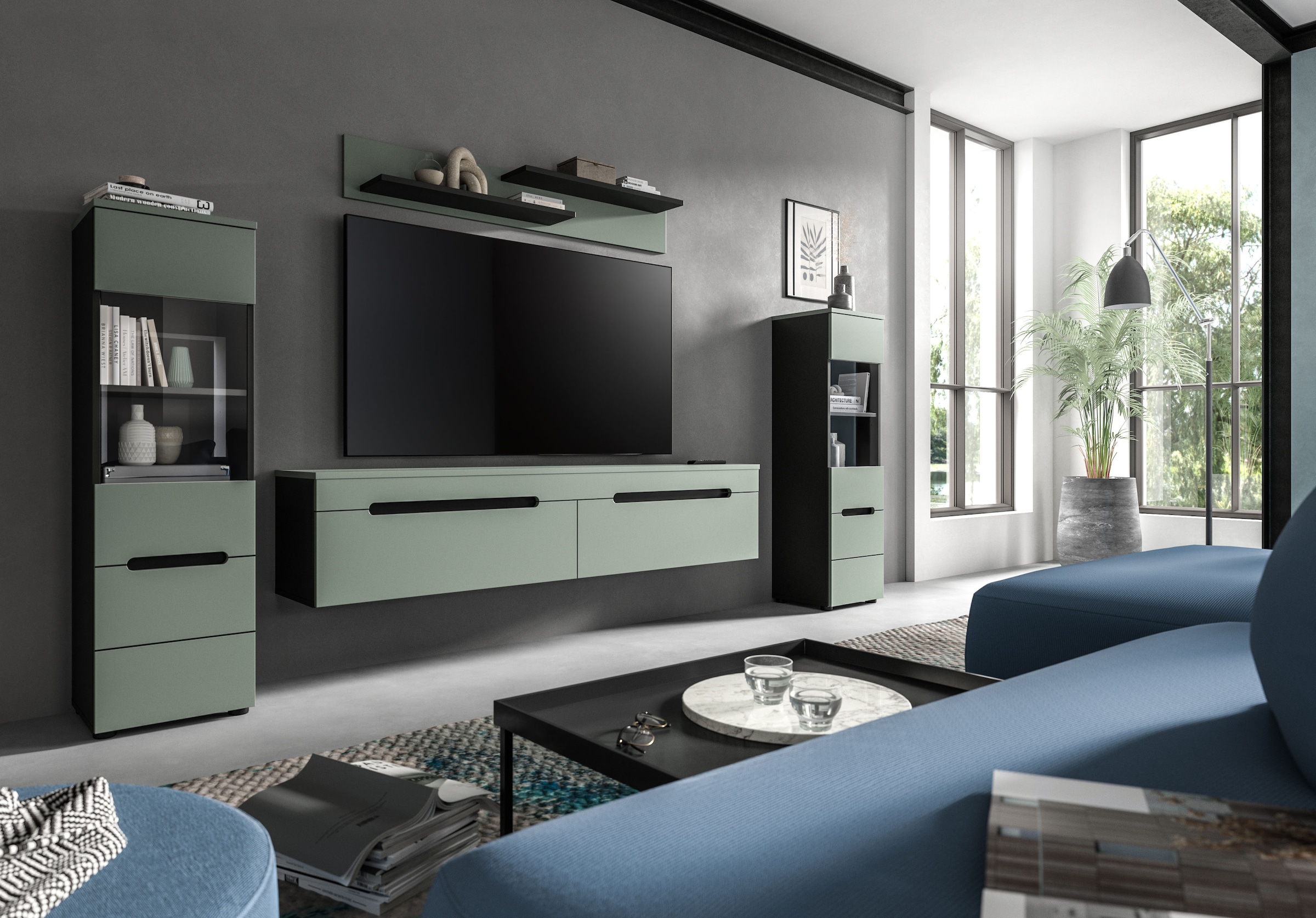 INOSIGN Wohnwand »REHAT, TOPSELLER!, 4-teilig, wahlweise stehend und hängend montierbar«, (3 St., Set bestehend aus: 2x Vitrine, Lowboard und Wandboard), Kombination, Anbauwand, Set, Wohn-Set, Wohnzimmer-Set, Schrankwand