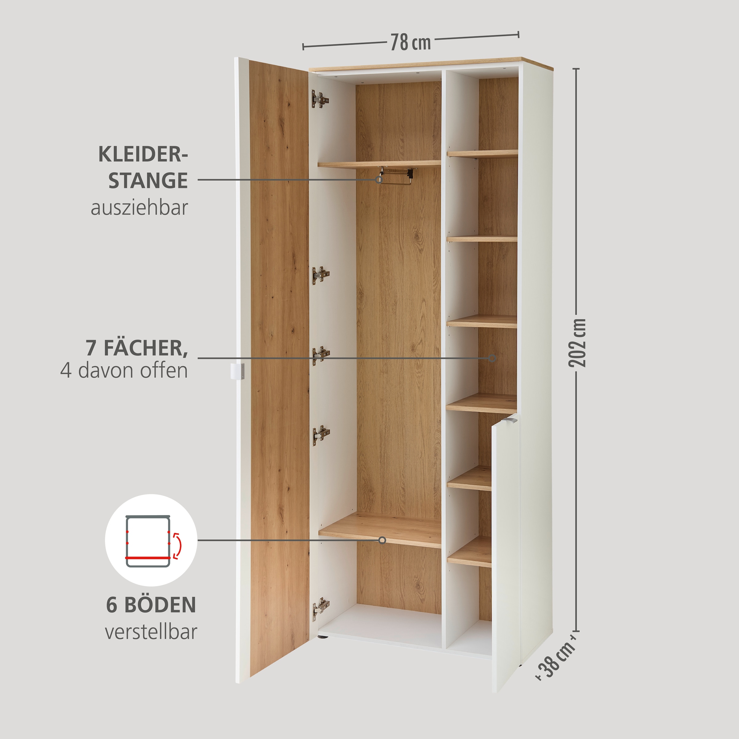 Innostyle Garderobenschrank »BARI Garderobenschrank mit Spiegel, BxHxT 78x202x38 cm«, (1 St.), 2 türig, 10 Fächer, Softclose, ABS Kantenschutz, Kleiderstange