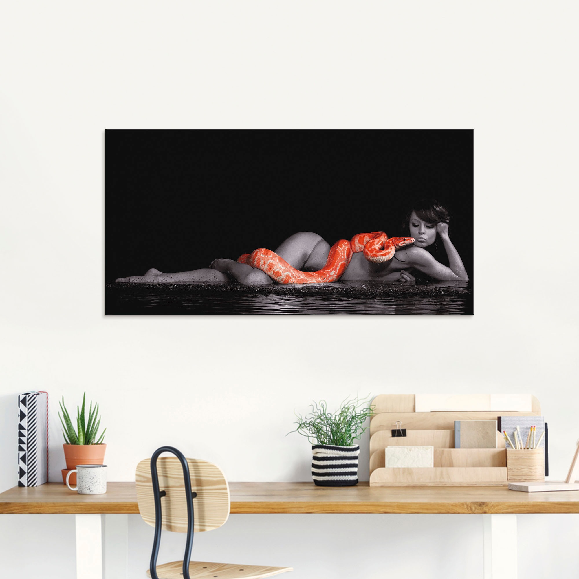 ARTLAND Woman Lying in Water with Red Python Glass Picture Red 125x50cm 2