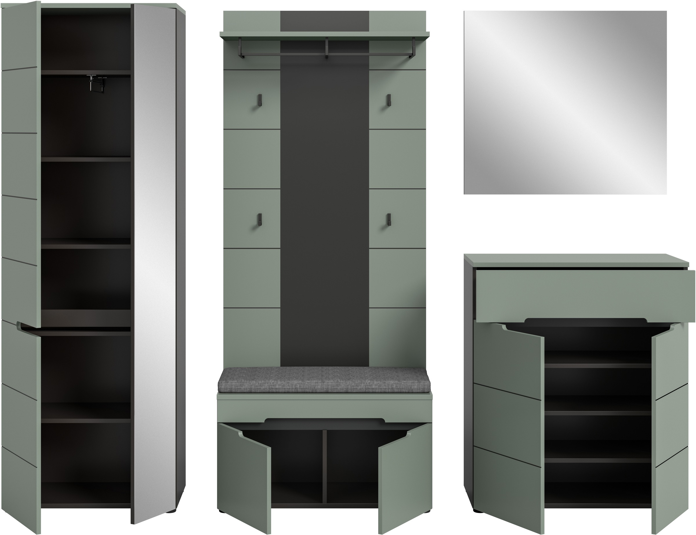 INOSIGN Garderoben-Set, (Set, 6 St., bestehend aus: Schrank, Sitzbank, Sitzkissen, Paneel, Spiegel, Kommode), Garderobenkombination, Kombination, Set, Flurgarderobe, Diele