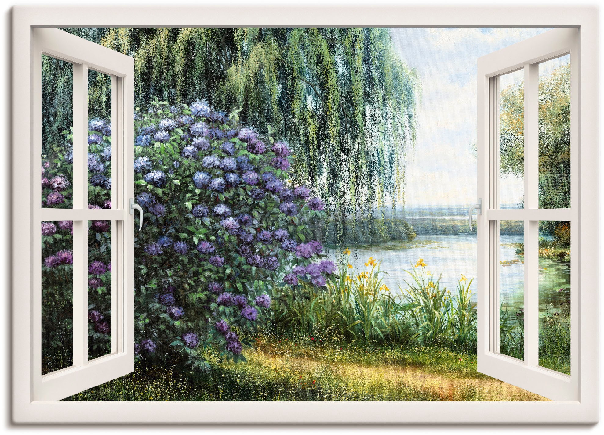 Artland Wandbild "Hortensien am See" Fensterblick 1 Stk. tlg. auf Holzrahme günstig online kaufen