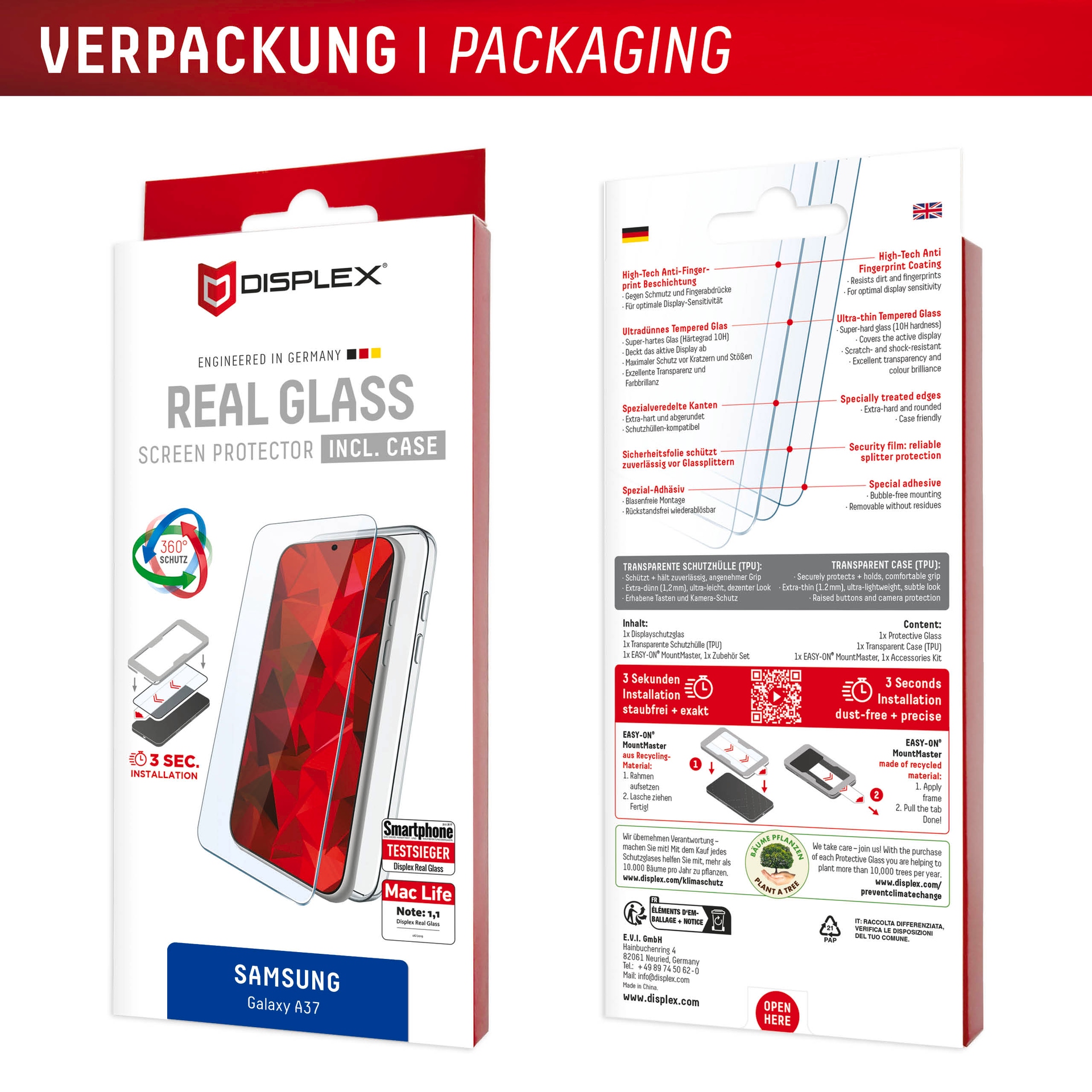 Displex Displayschutzglas »Real Glass Screen Protector + Case mit EASY-ON MountMaster« für Samsung Galaxy A37 Displayschutzfolie, Schutzfolie, Bildschirmschutz, kratz- & stoßfest