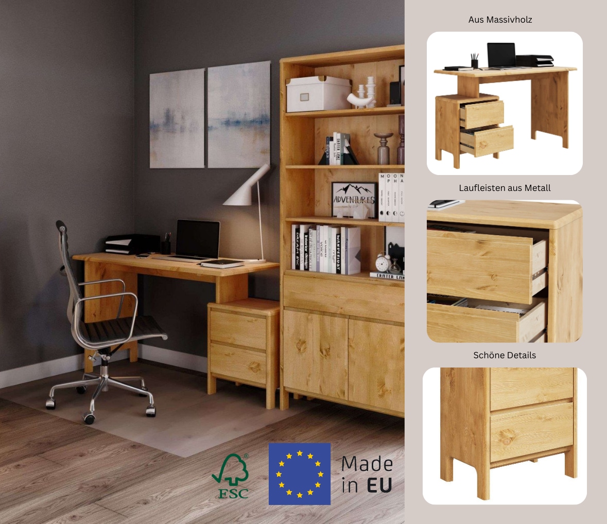 Home affaire Schreibtisch »Luven, Computertisch,«, zertifiziertes Massivholz, mit 2 Schubkästen, Breite 120-140 cm