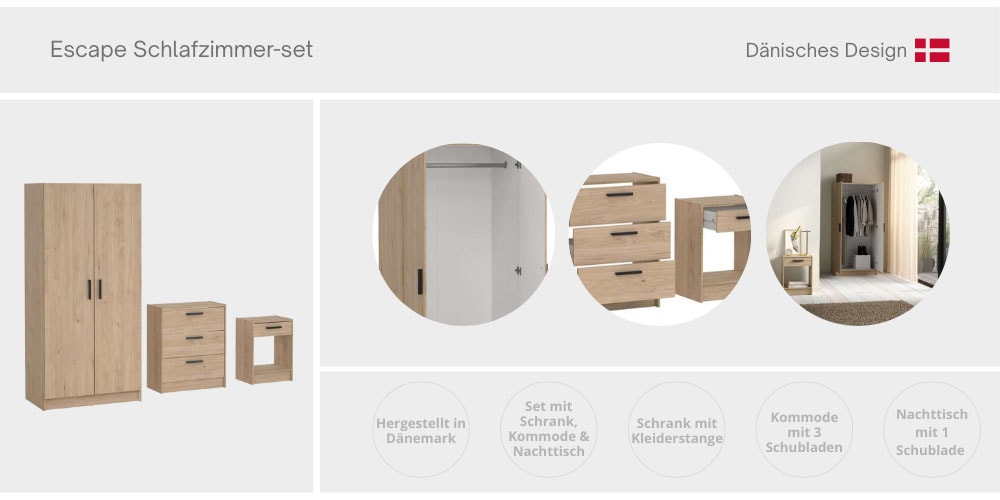 INOSIGN Schlafzimmer-Set »Escape, für Schlafzimmer, Jugendzimmer, aufbewahrung, Nordischer Stil«, (Set, 3 tlg.), (Set, 3-tlg), bestehend aus Kleiderschrank, Kommode & Nachttisch