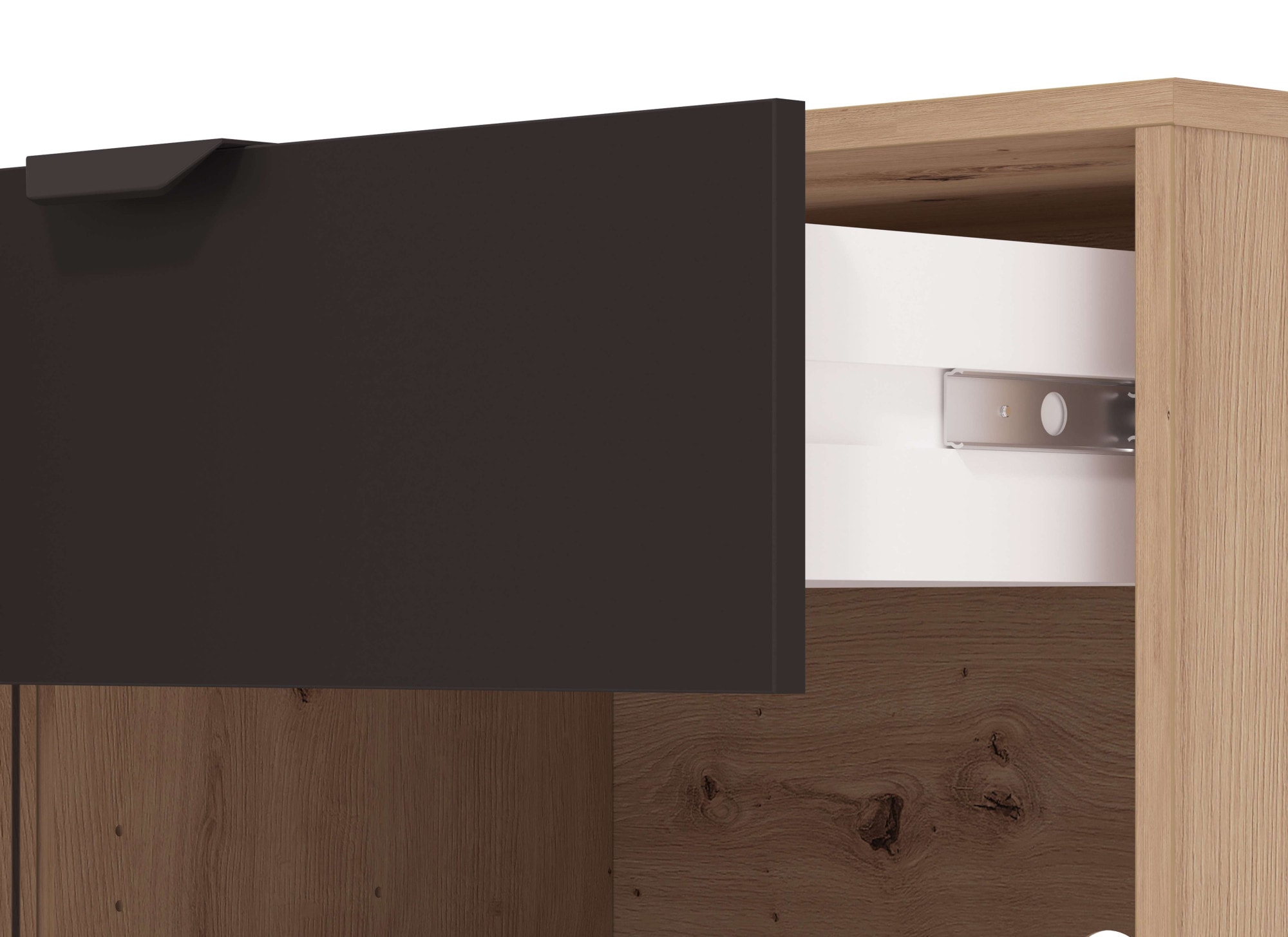 Home affaire Lowboard »Mayenne TV-Lowboard, Breite 150 cm, TV-Schrank, TV-Ständer«, TV-Kommode mit dekorativen schwarzen Streifen, in Artisan Eiche