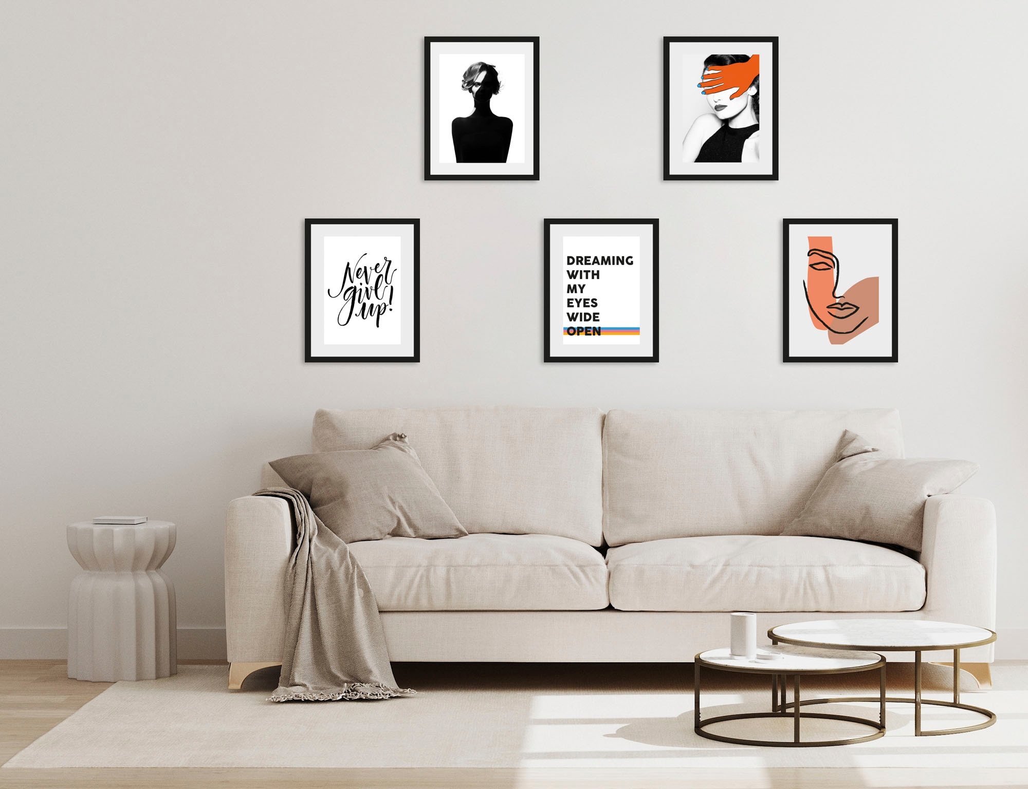 queence Bild "Dreaming" Abstrakt Bilder von Frauen Figuren Frau Gesicht Kunst Motivationsbilder Schwarz-Weiß Sprüche & Texte 5 Stk. tlg. gerahmt