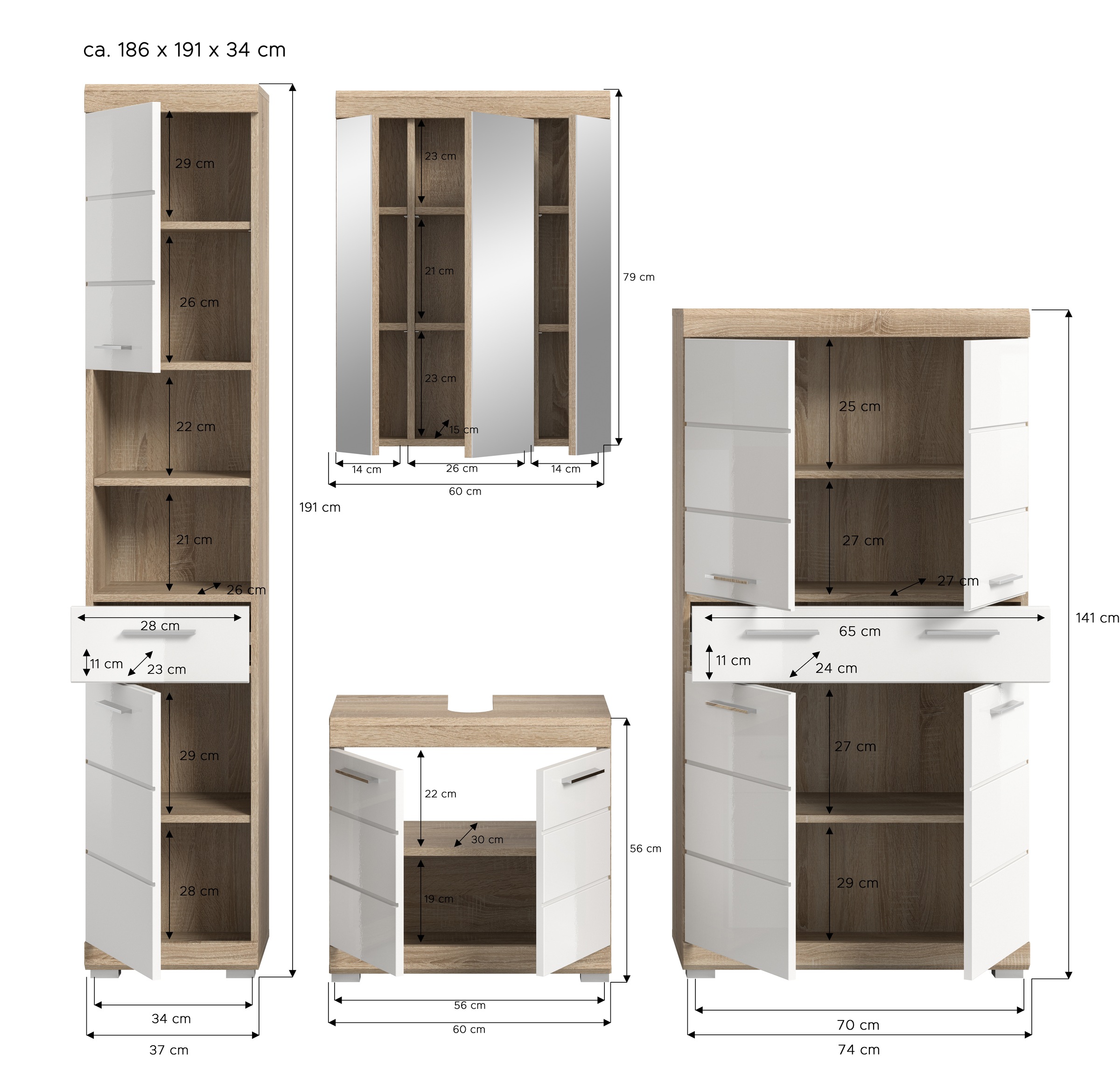 INOSIGN Badmöbel-Set »Siena, 4 teilig, bestehend aus:«, (Set), Hochschrank, Waschbeckenunterschrank, Spiegelschrank, Midischrank