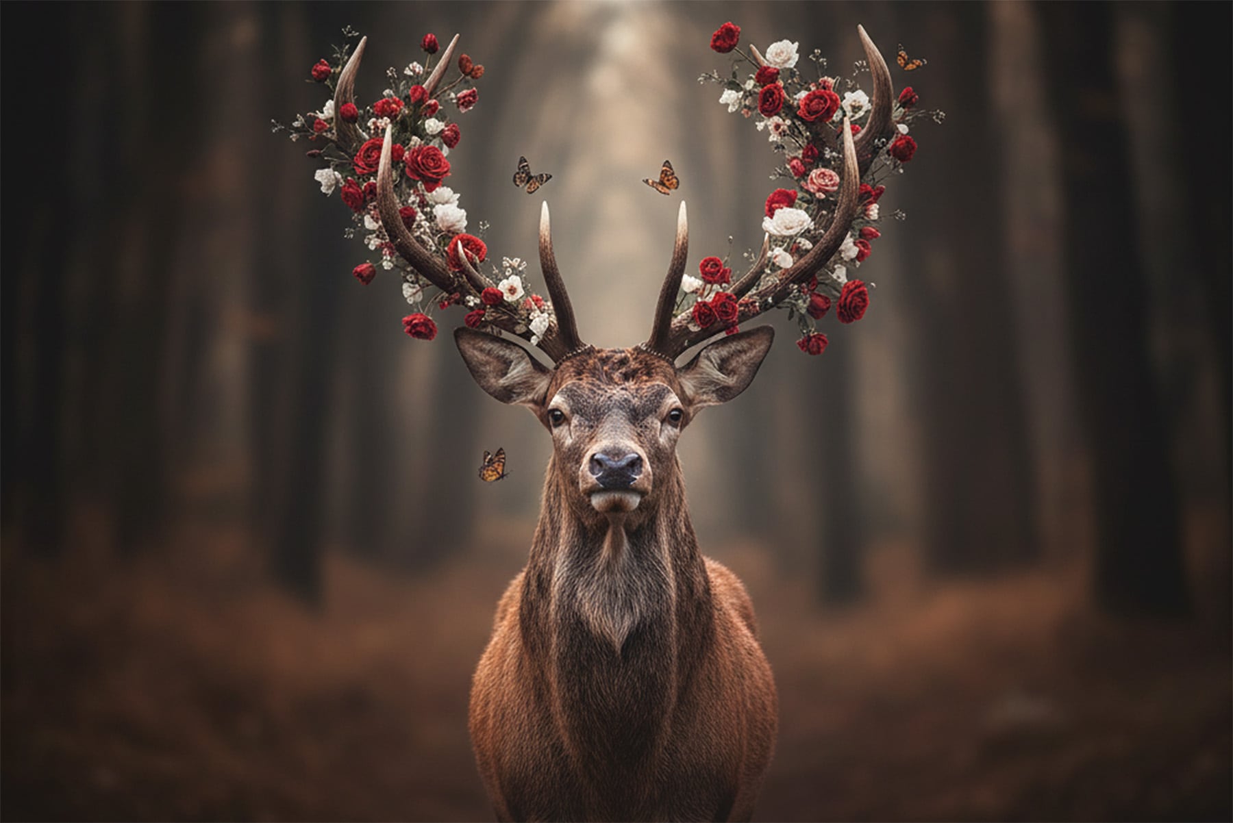 Bönninghoff Bild "Wandbild HIRSCH MIT BLUMEN 60x90 cm – Leinwandbild Keilrahmen Deko" Blumen Hirsch Wald auf Keilrahmen gespannt