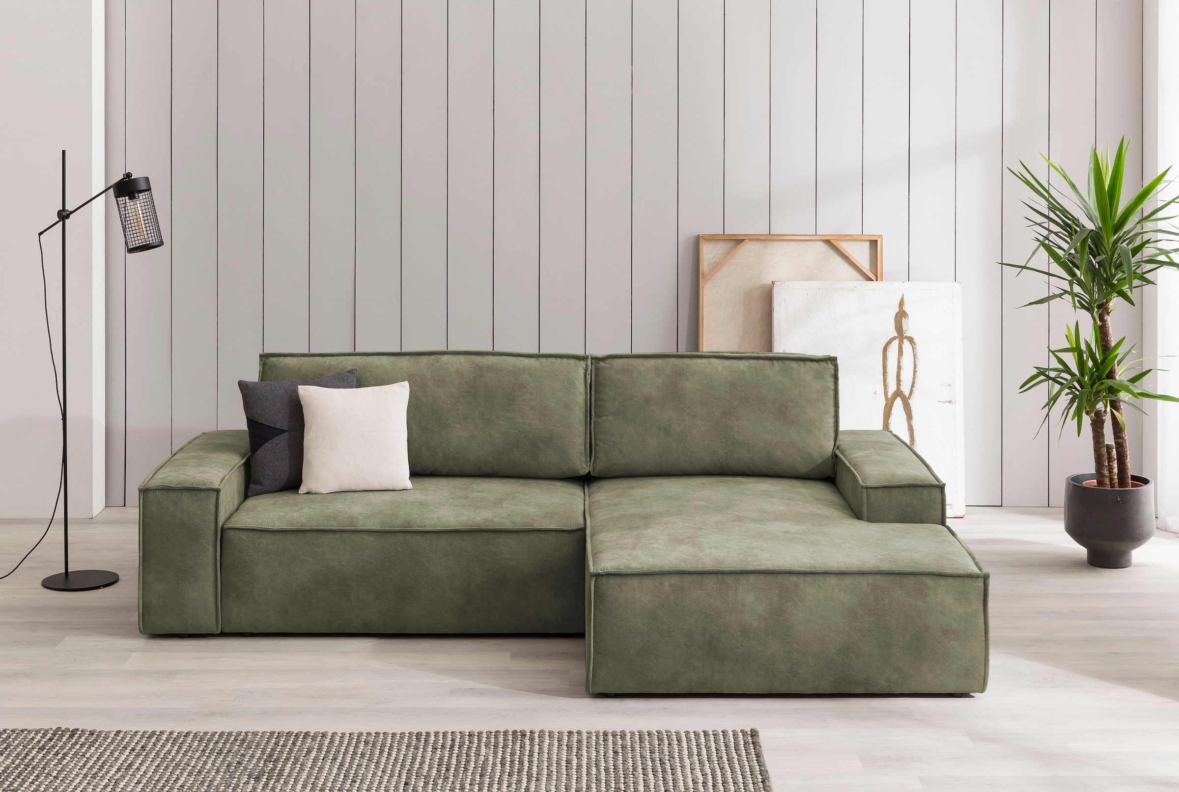 OTTO home Ecksofa "SHERWOOD Vintage Lederoptik L-Form, 267 cm" Schlaffunktion mit Bettkasten (210x136 cm), Cord, Vintage, Samtvelours