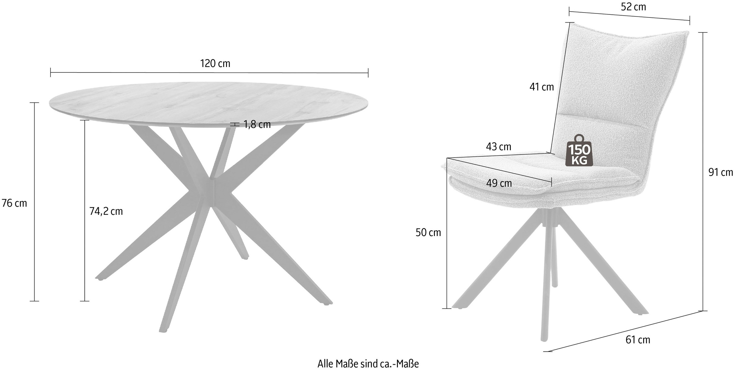Jockenhöfer Gruppe Essgruppe »Thilo/Florina, Sitzgruppe (Set, 5-tlg, 1 Tisch und 4 Stühle)« 5 tlg. Tisch Durchmesser 120 cm, Wildeiche,  Stühle 360° drehbar