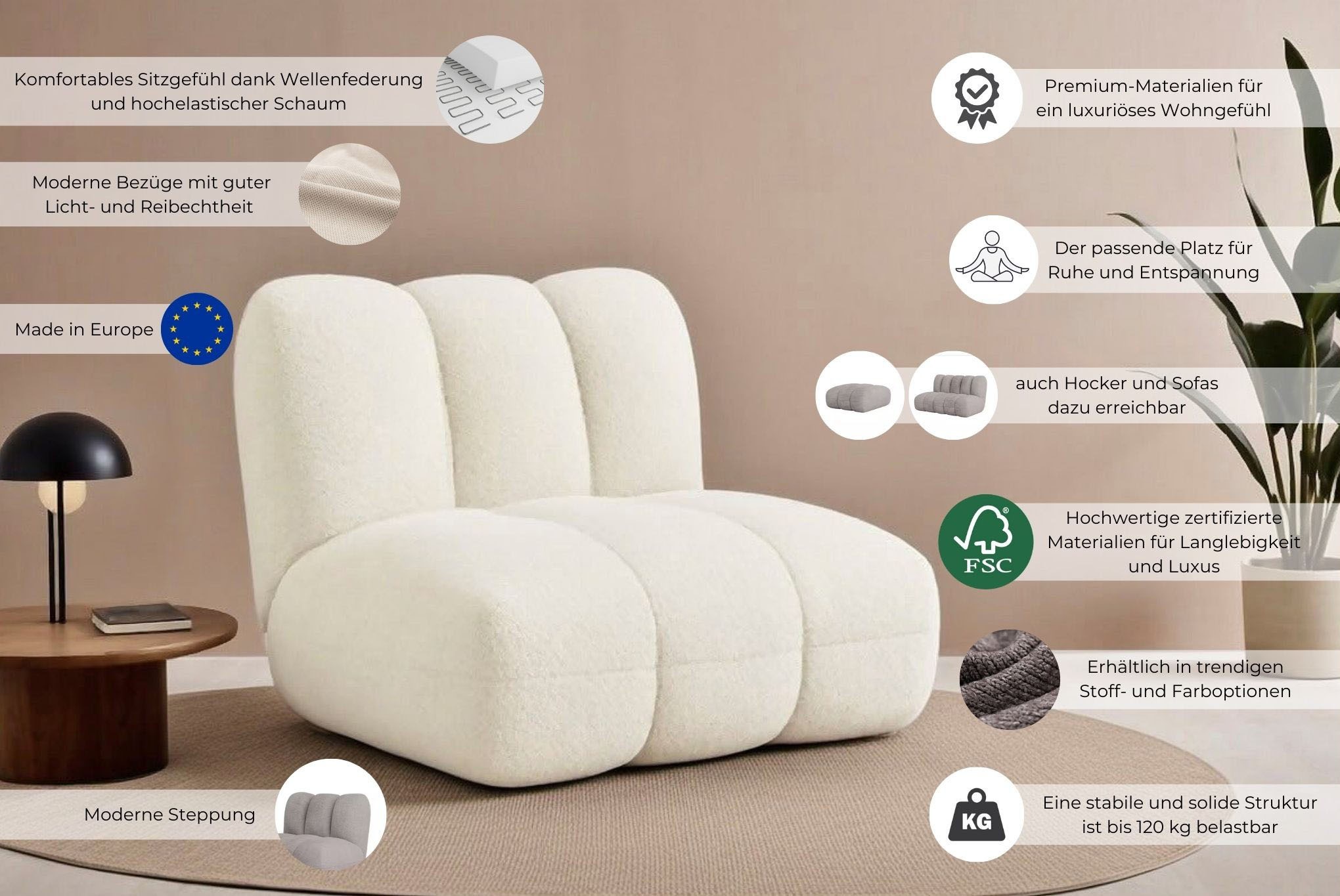Sessel "Priya Loungesessel, moderne Steppung, auch in Bouclé", beige (creme), B:102,5cm H:83cm T:106,5cm, 100% Polyester, LEGER HOME BY LENA GERCKE, Sessel, Sessel, perfektes Einzelstück, gemütlich und modern, B/T/H: 102,5/106,5/83 cm 2