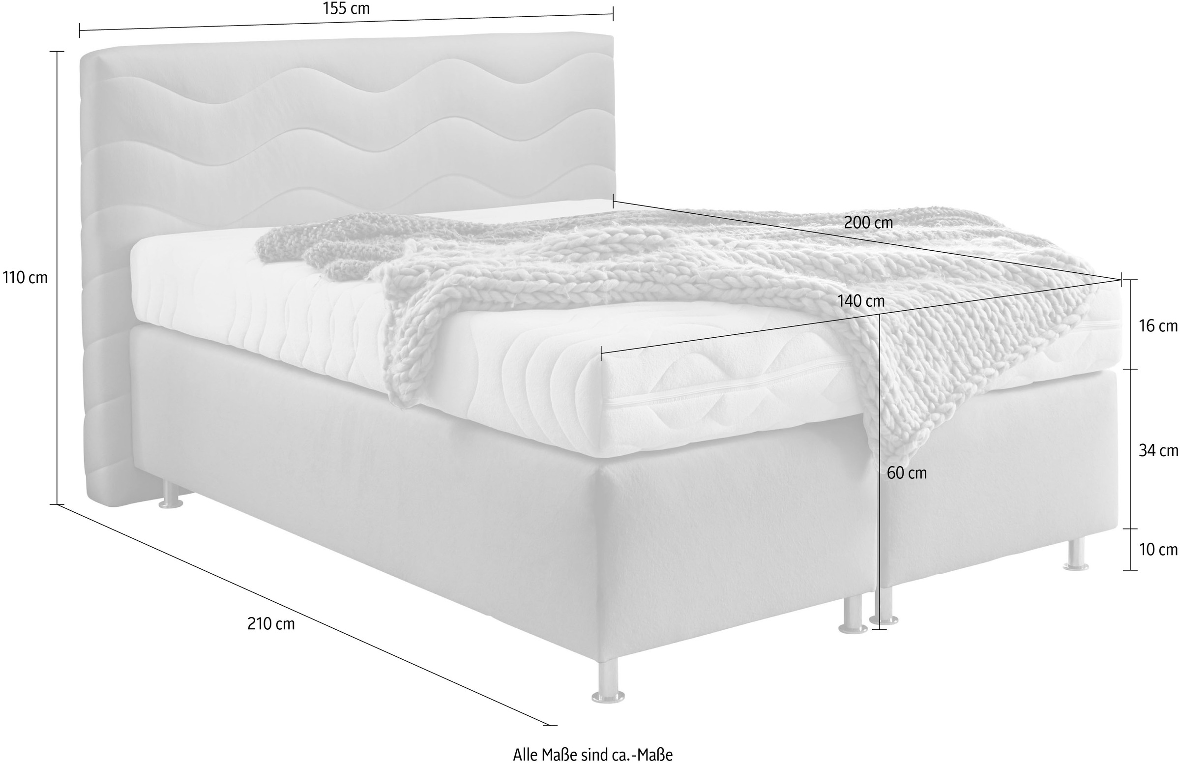Boxspringbett "Sigma", weiß, B:155cm L:210cm, Bezug Bett: Microvelours (100% Polyester) oder Feinstruktur (100% Polyester);Bezug Bonnell-Federkernmatratze: 100% Polyester;Bezug Kaltschaummatratze: 100% Polyester;Bezug Tonnentaschenfederkernmatratze: 80% B 2