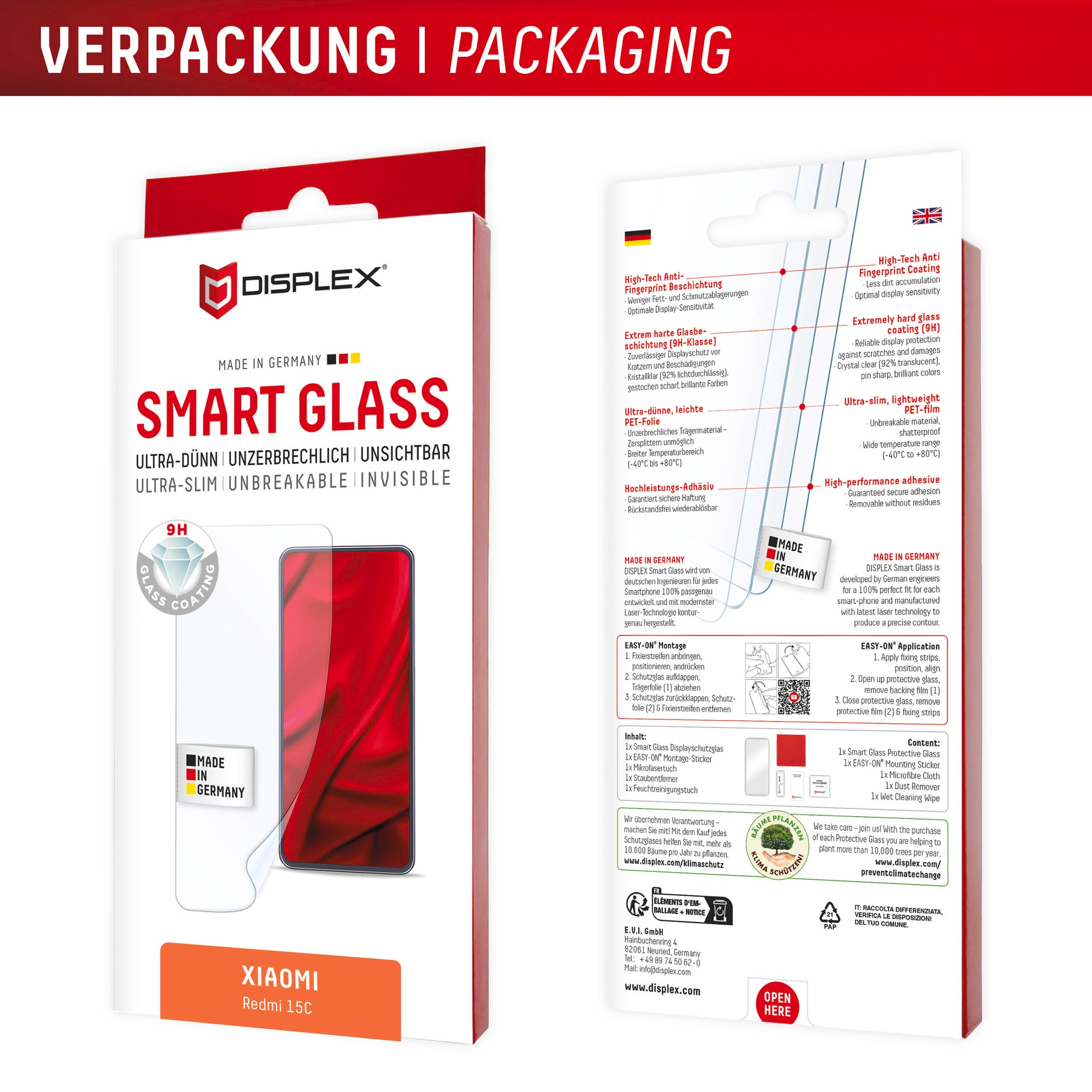 Displex Displayschutzglas »Smart Glass Screen Protector«, für Xiaomi Redmi 15C, Displayschutzfolie, Schutzfolie, Bildschirmschutz, kratz- & stoßfest
