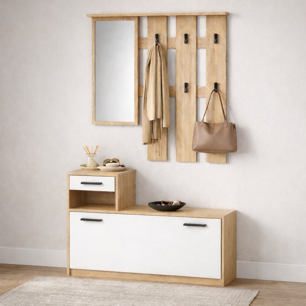 OTTO home Garderoben-Set "Luna Kommode mit 1 Klappe + 1 Schubkasten, Paneel mit Spiegel 6 Haken" 2 Stk. tlg.