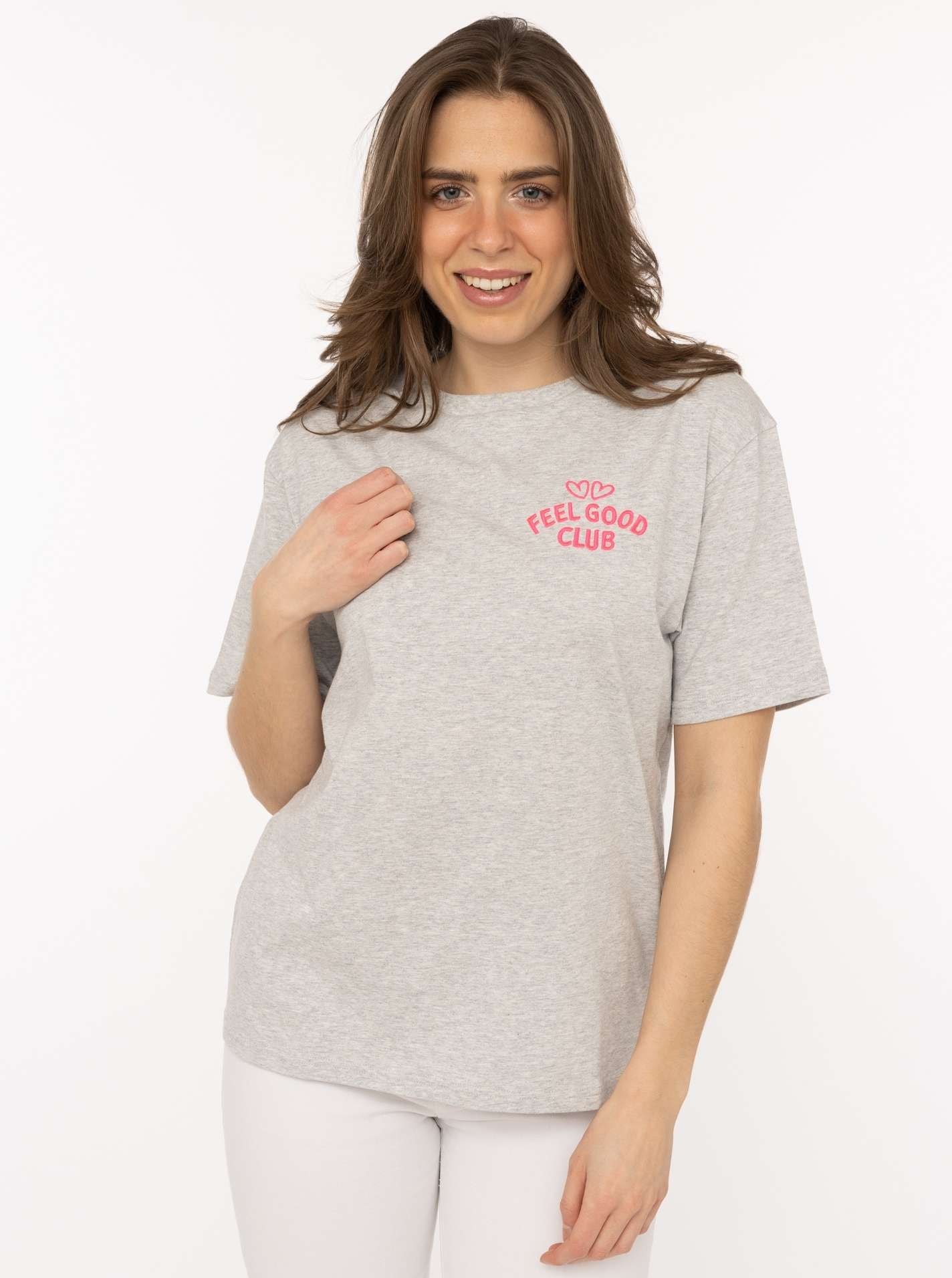 Zwillingsherz T-Shirt ""Feel Good Club"" Rundhals, einfarbig, kleine Sticke günstig online kaufen