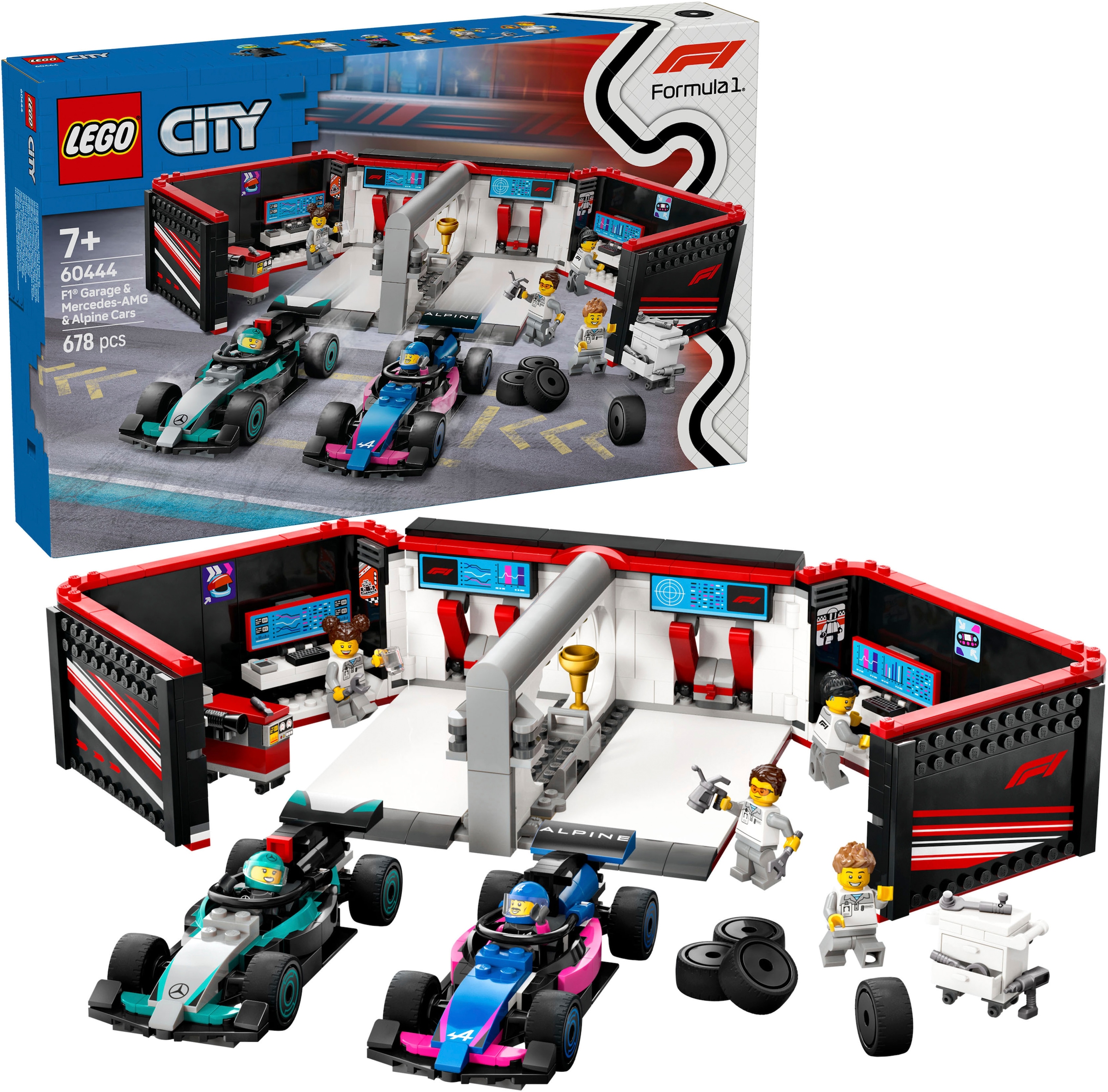 Konstruktionsspielsteine »F1® Garage mit Mercedes-AMG & Alpine Rennautos (60444), LEGO...